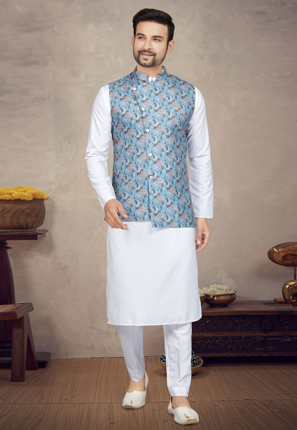 White Cotton Kurta Pajama With Jacket 272173