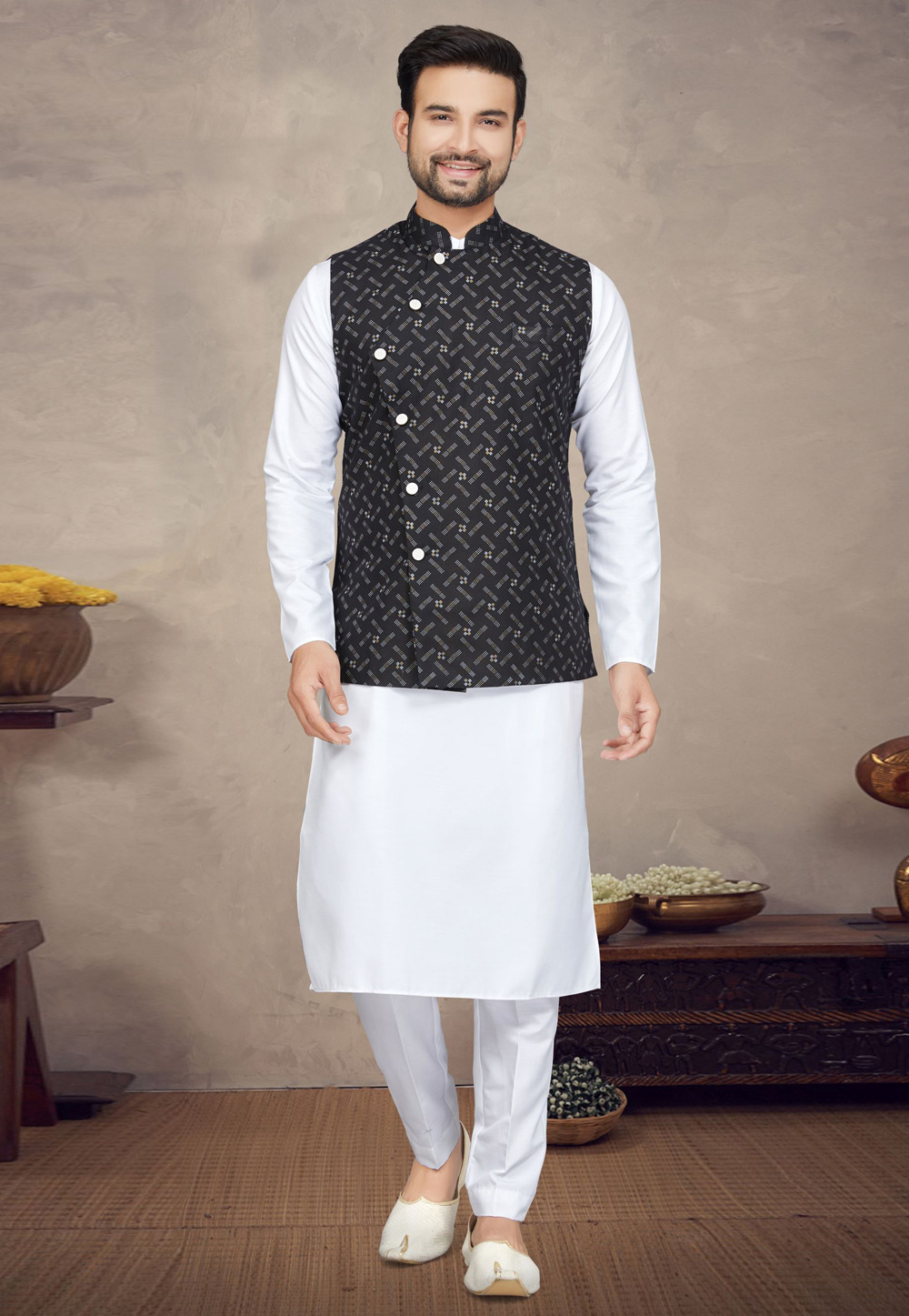White Cotton Kurta Pajama With Jacket 272174