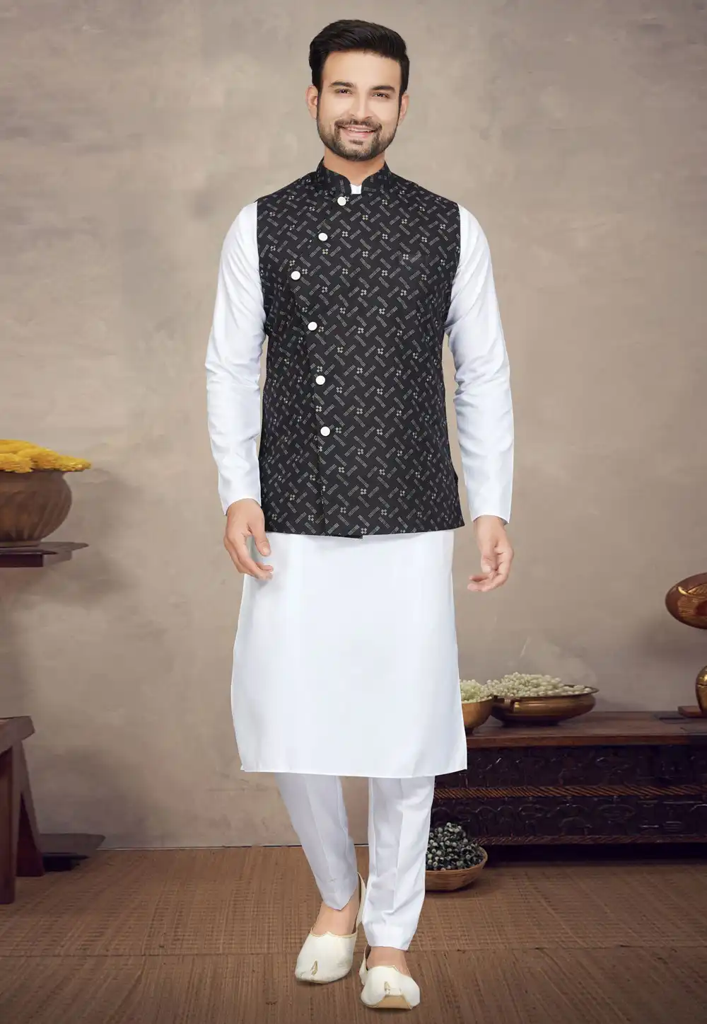 White Cotton Kurta Pajama With Jacket 272174