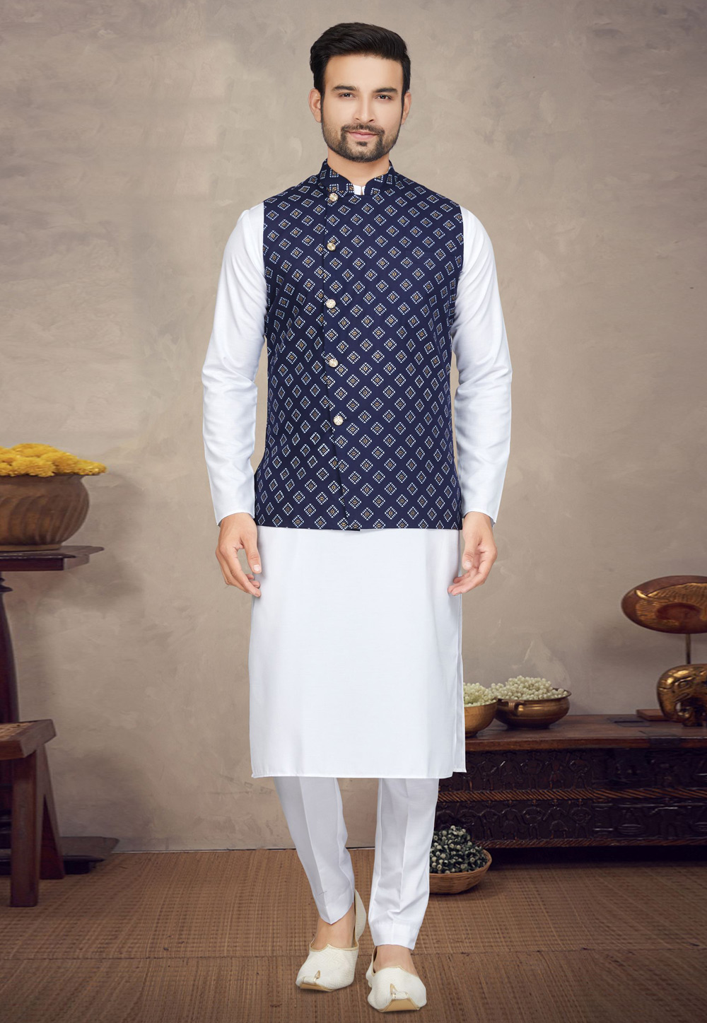 White Cotton Kurta Pajama With Jacket 272175