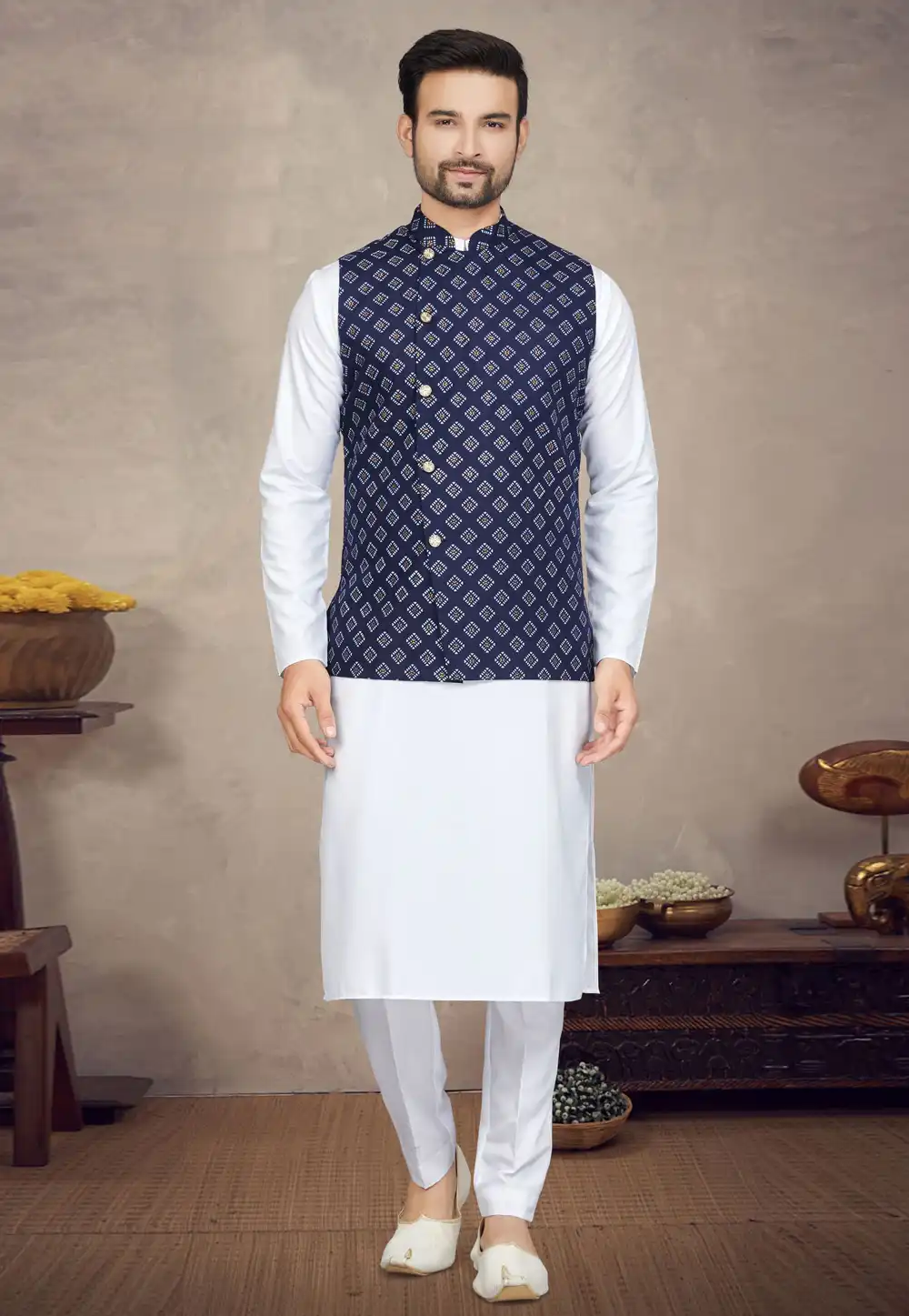 White Cotton Kurta Pajama With Jacket 272175