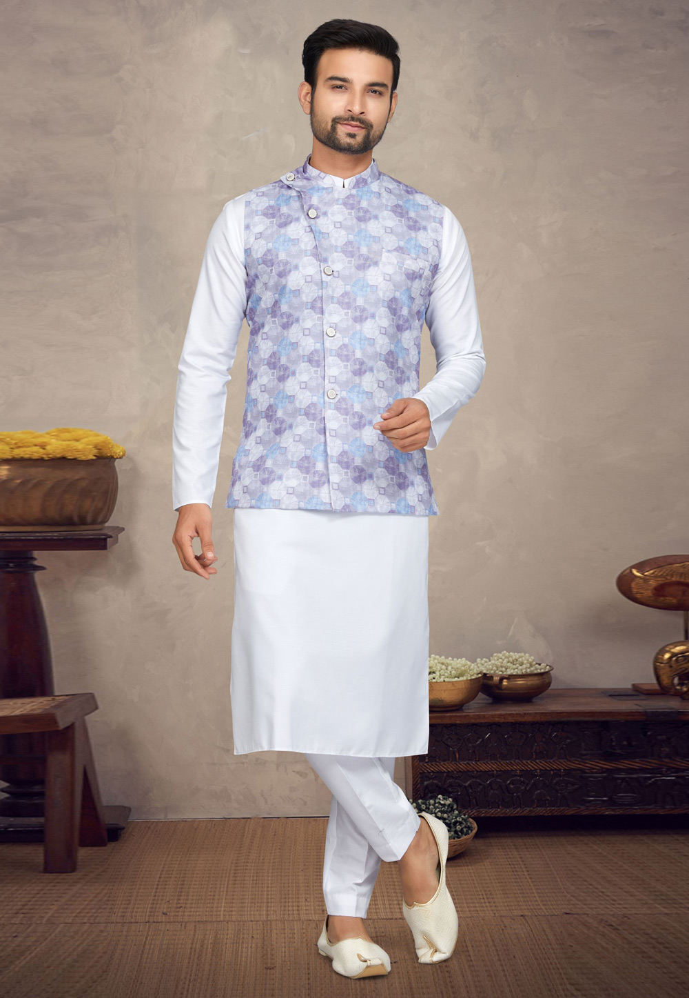 White Cotton Kurta Pajama With Jacket 272176