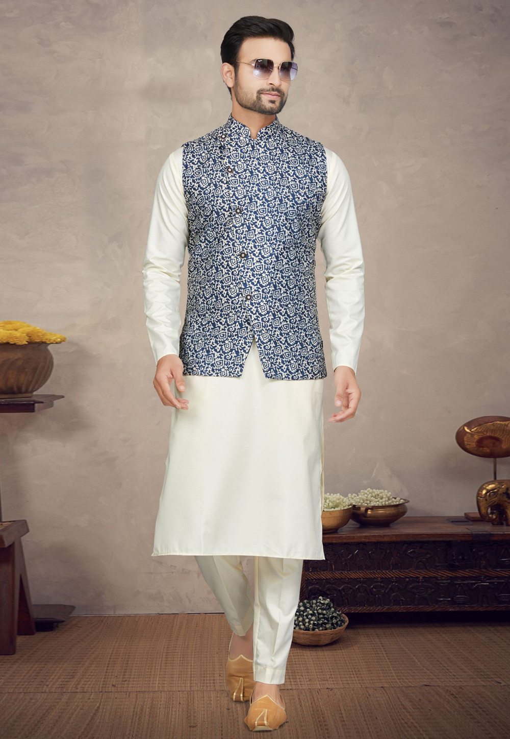 Cream Cotton Kurta Pajama With Jacket 272177