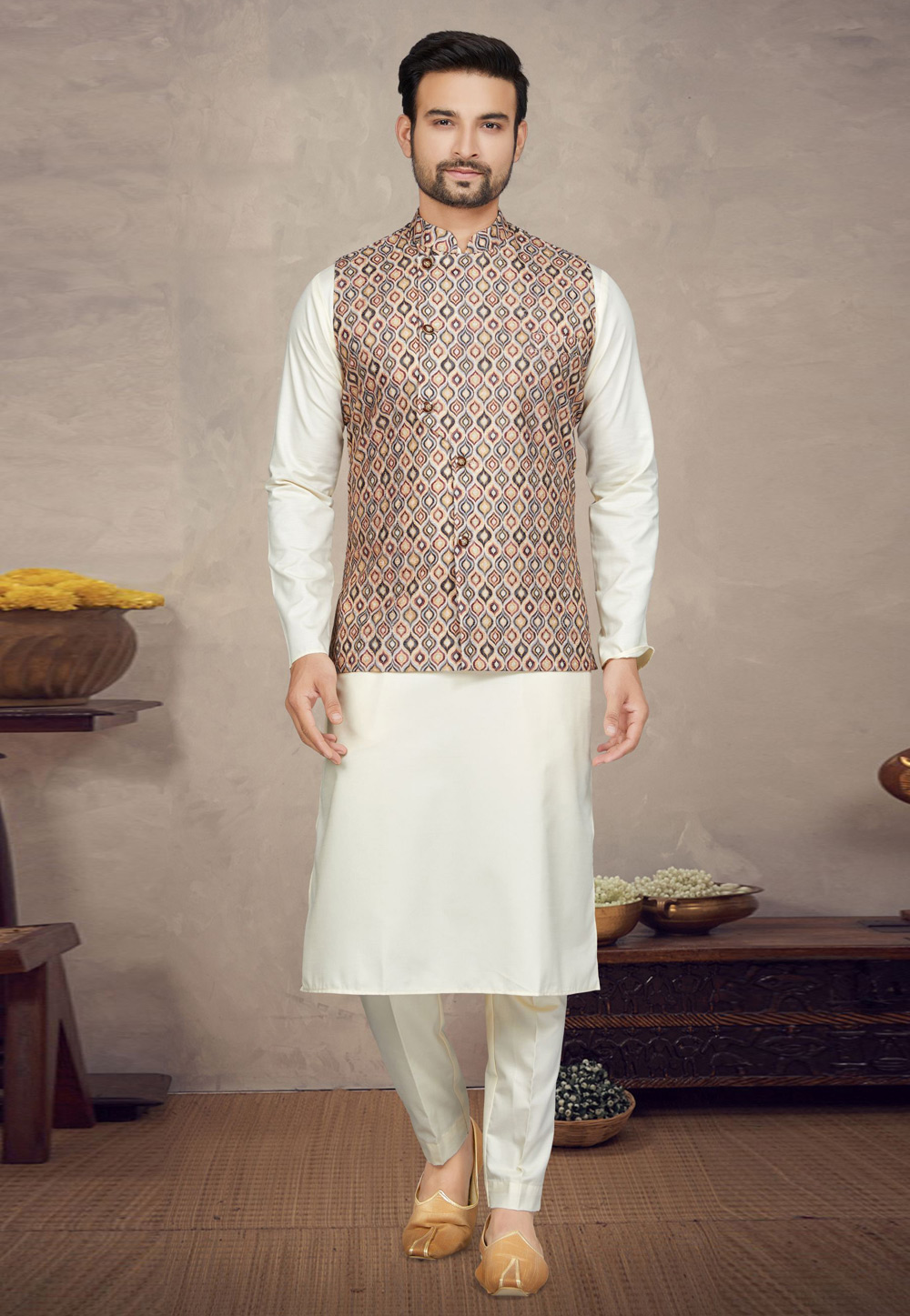 Cream Cotton Kurta Pajama With Jacket 272178