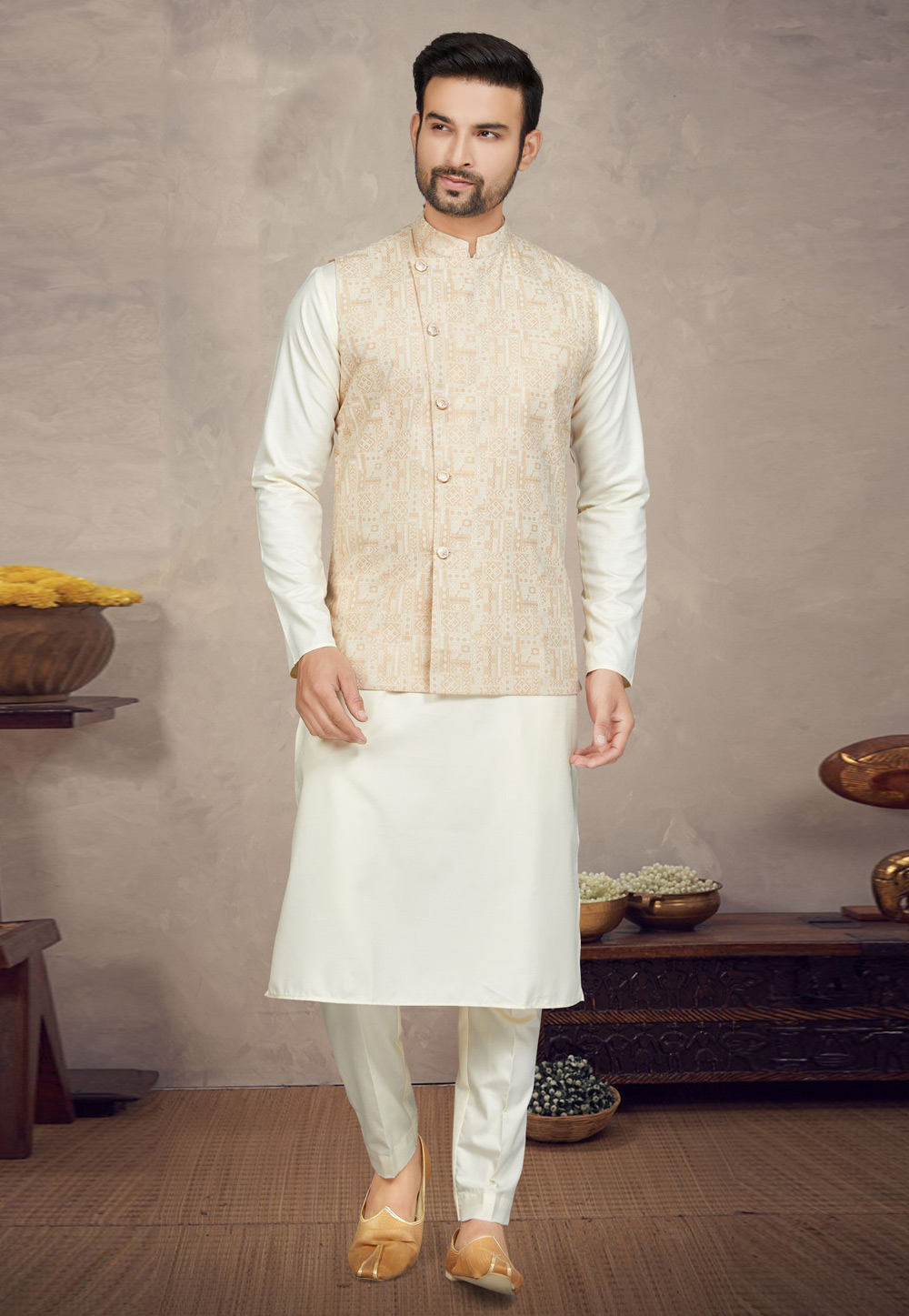 Cream Cotton Kurta Pajama With Jacket 272179