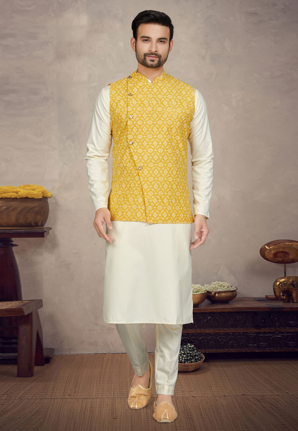 Cream Cotton Kurta Pajama With Jacket 272181
