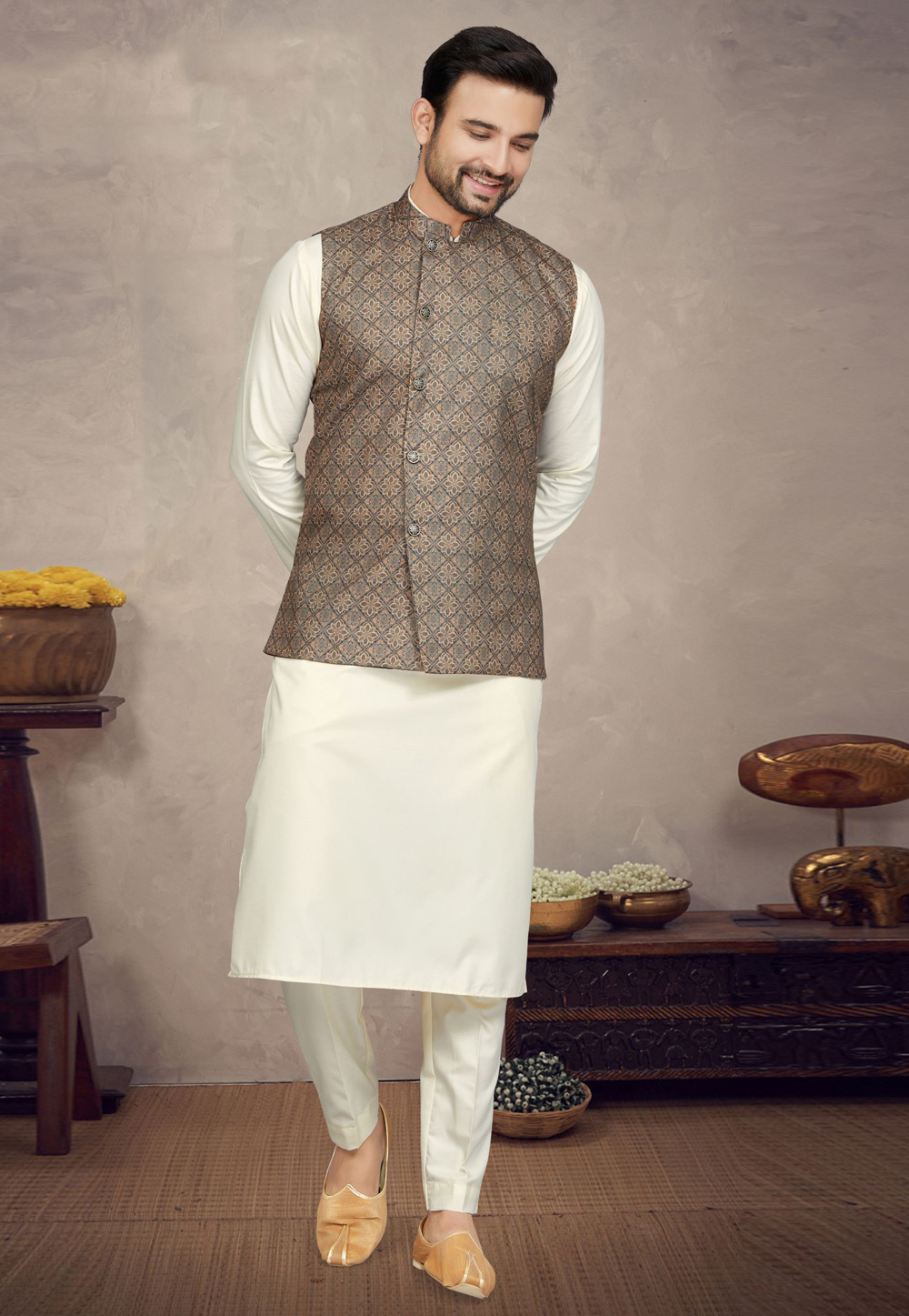 Cream Cotton Kurta Pajama With Jacket 272182