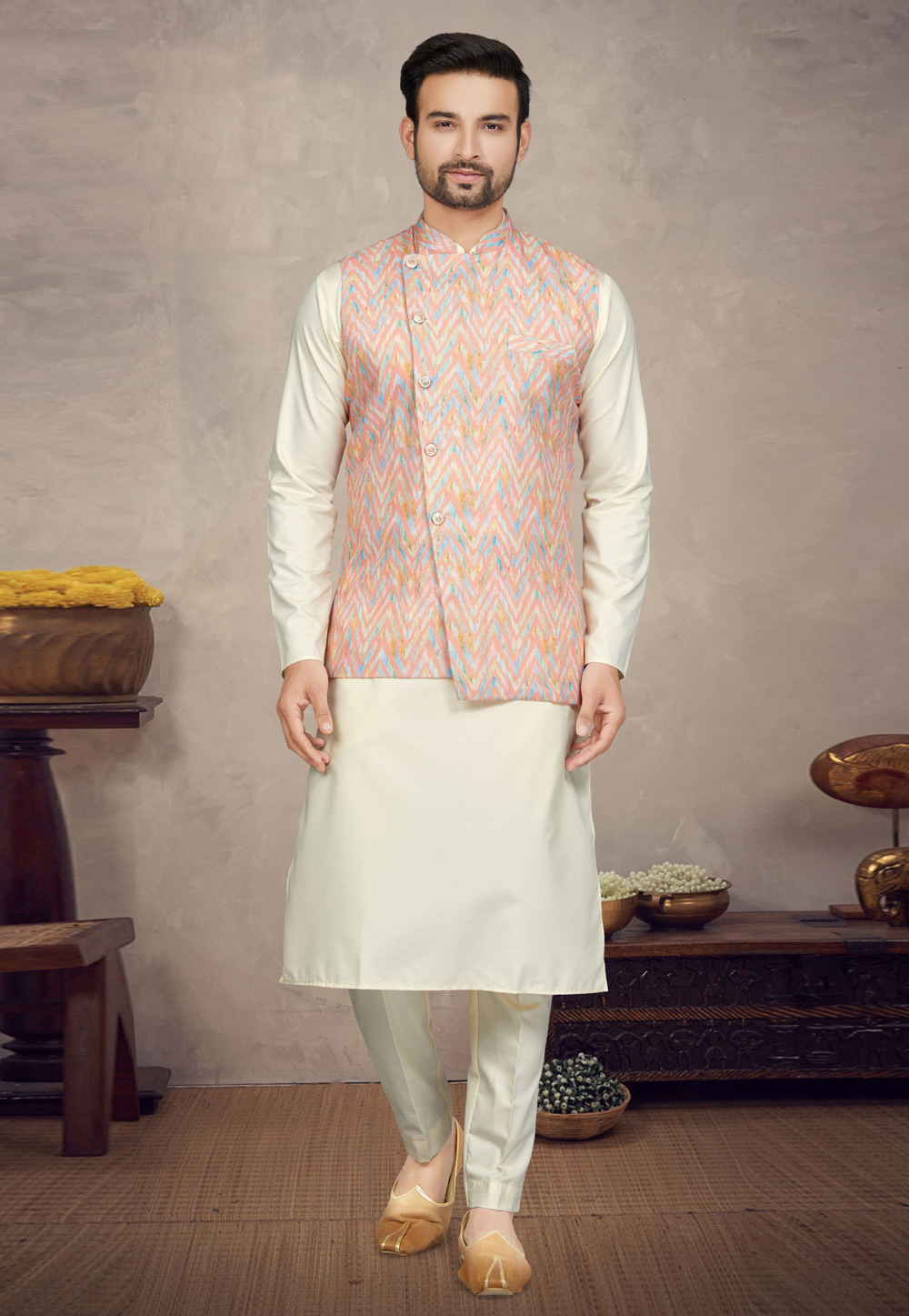 Cream Cotton Kurta Pajama With Jacket 272183