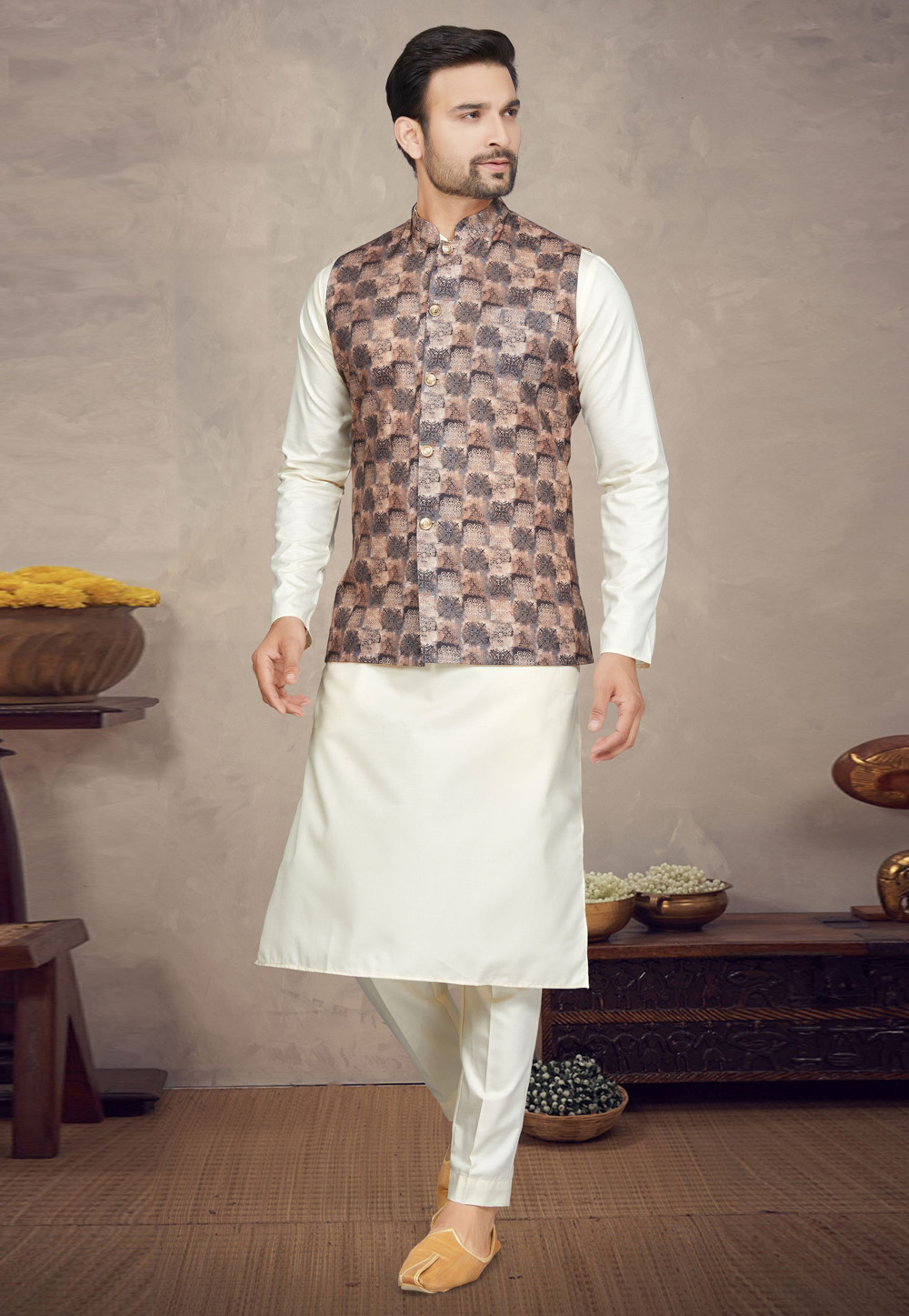 Cream Cotton Kurta Pajama With Jacket 272184