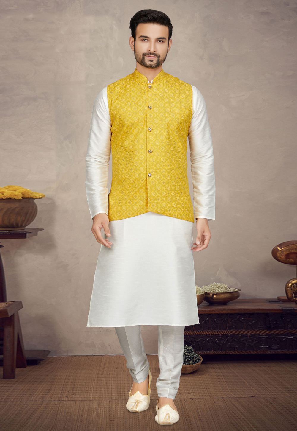 Off White Art Silk Kurta Pajama With Jacket 272185
