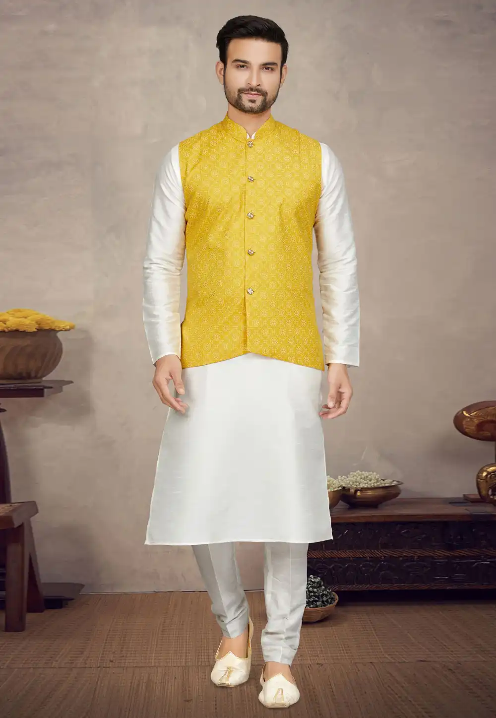 Off White Art Silk Kurta Pajama With Jacket 272185