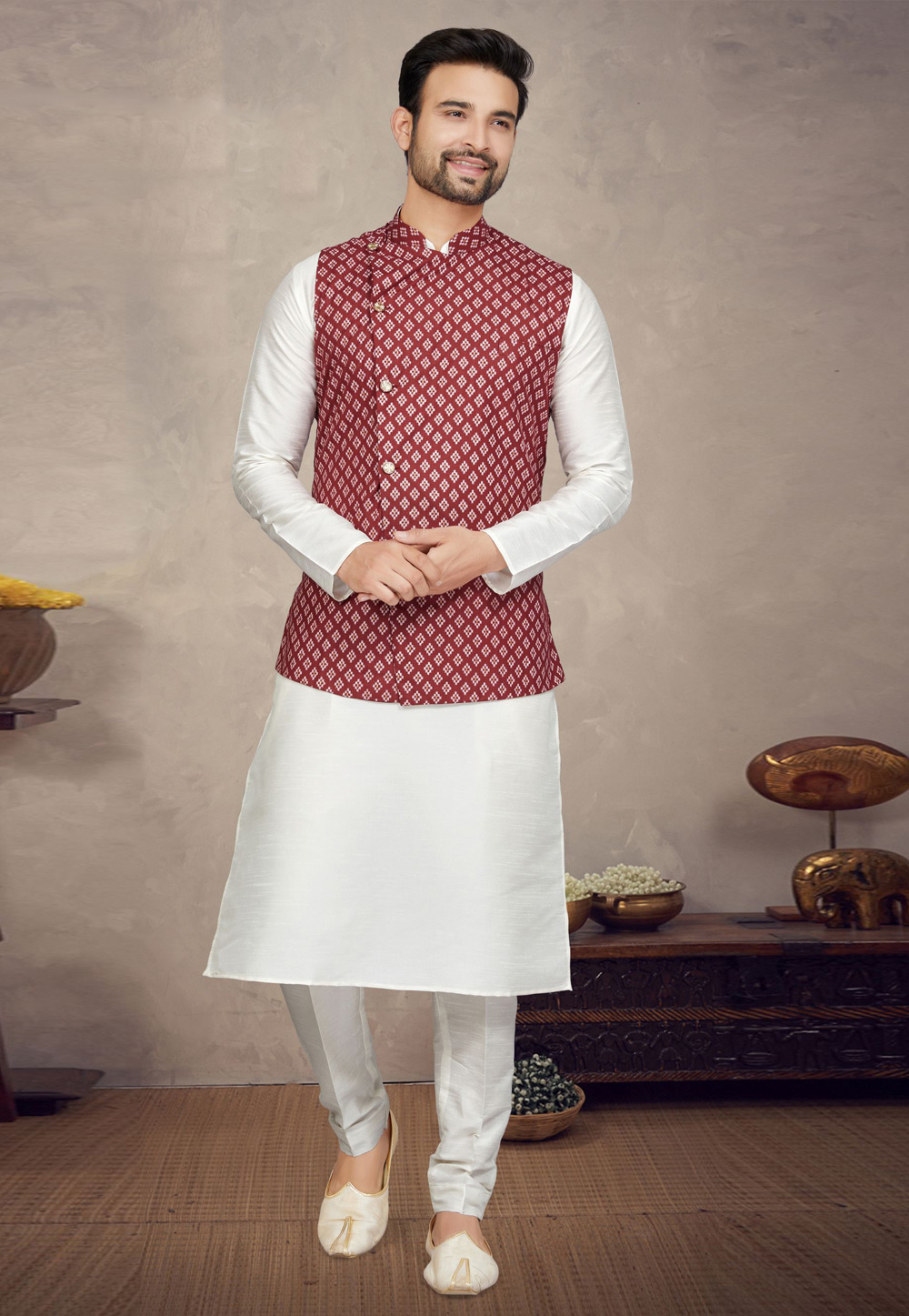 Off White Art Silk Kurta Pajama With Jacket 272186