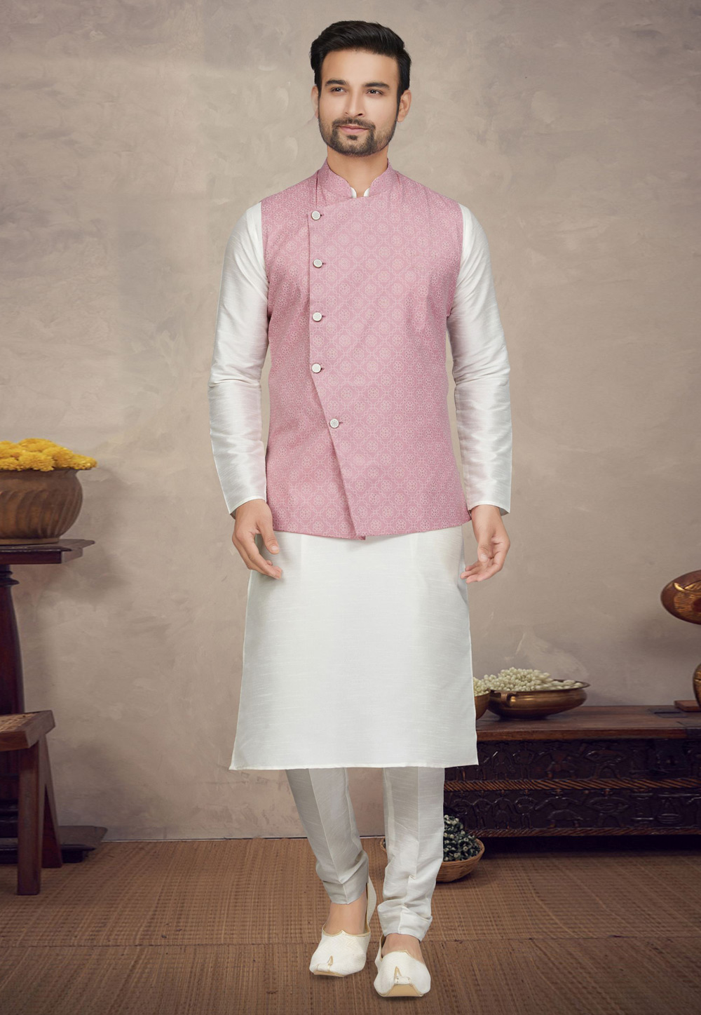 Off White Art Silk Kurta Pajama With Jacket 272187