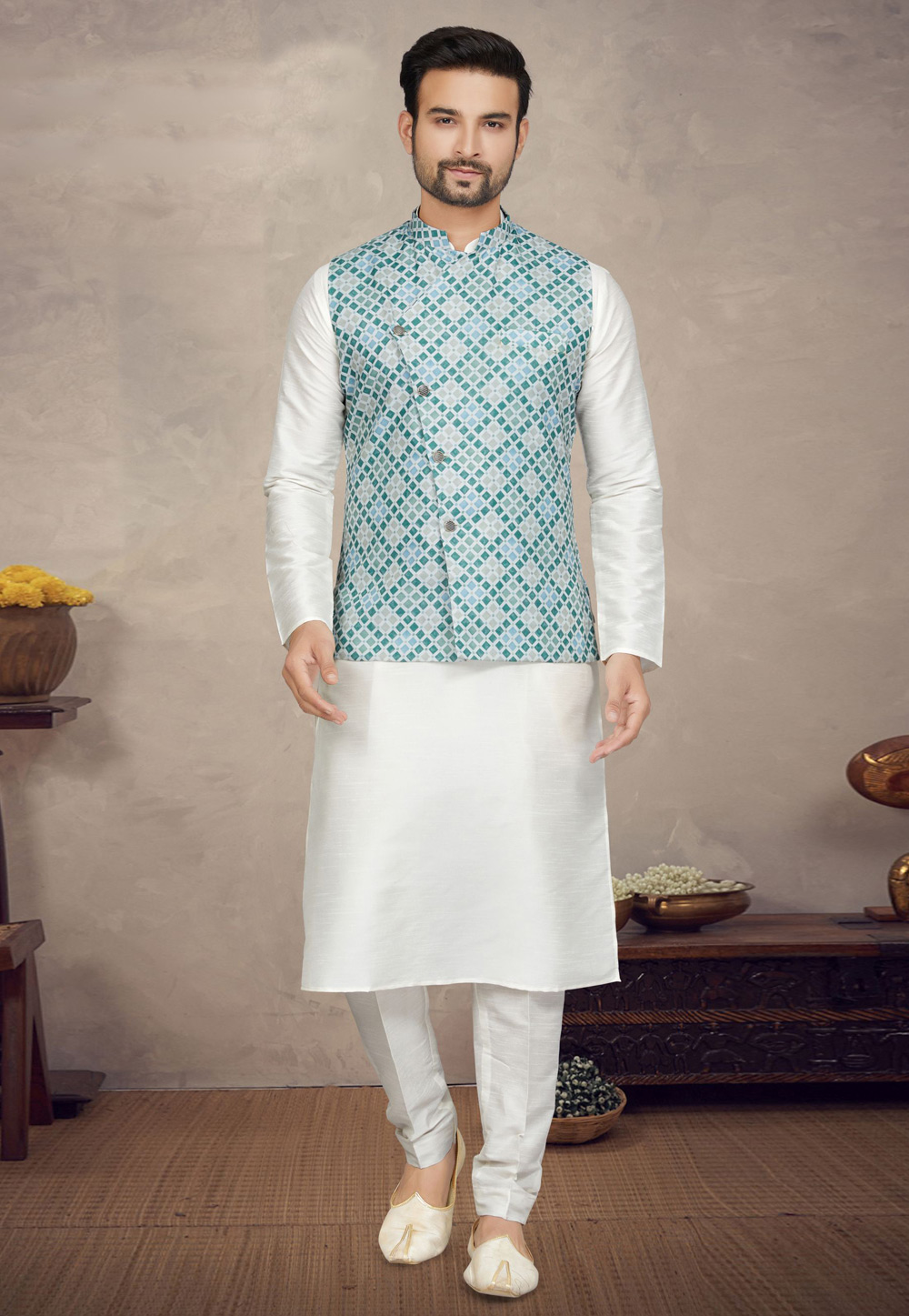 Off White Art Silk Kurta Pajama With Jacket 272188
