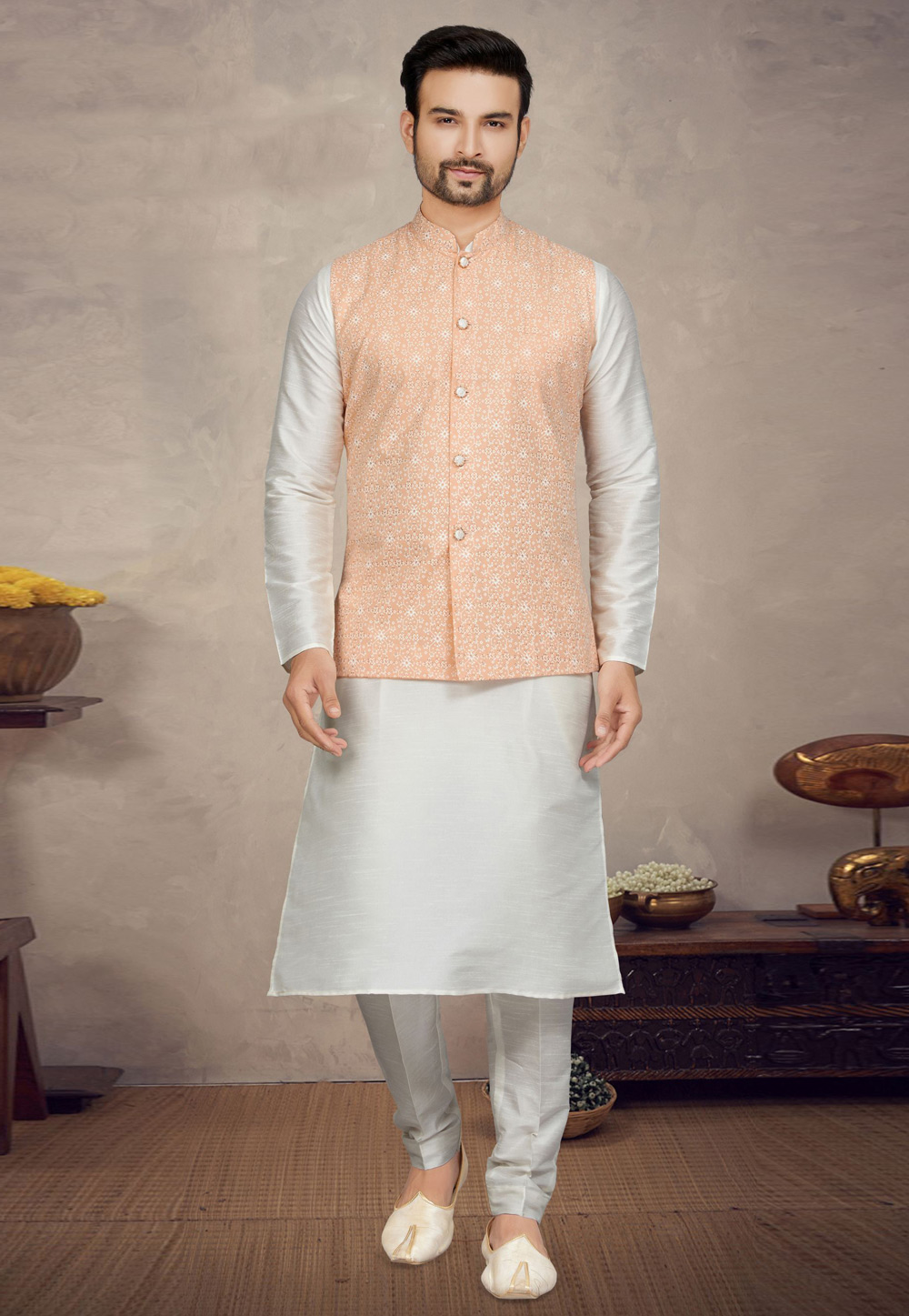 Off White Art Silk Kurta Pajama With Jacket 272189