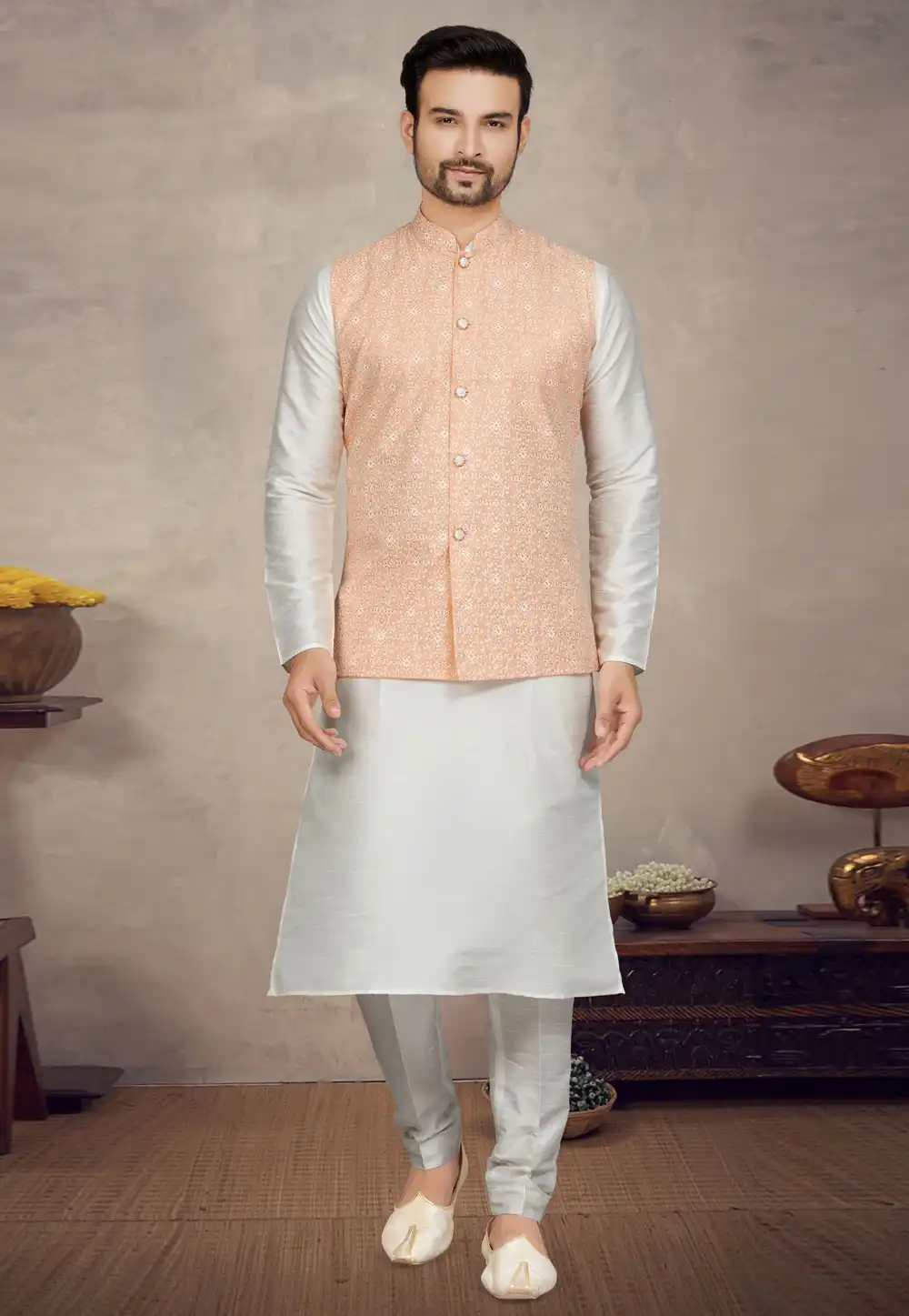 Off White Art Silk Kurta Pajama With Jacket 272189
