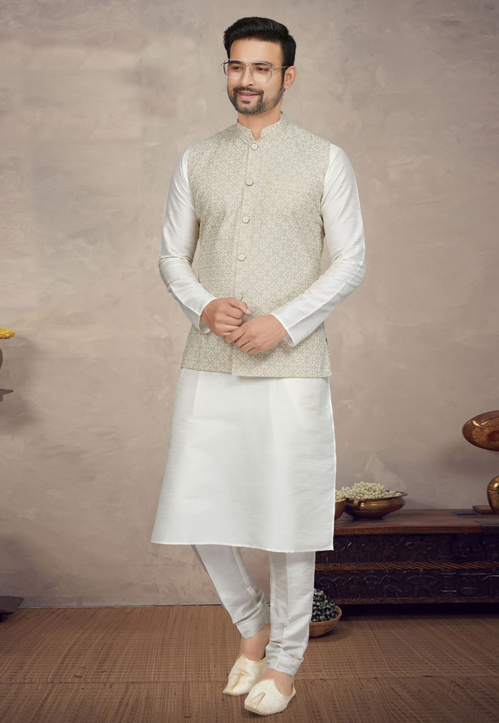 Off White Art Silk Kurta Pajama With Jacket 272190