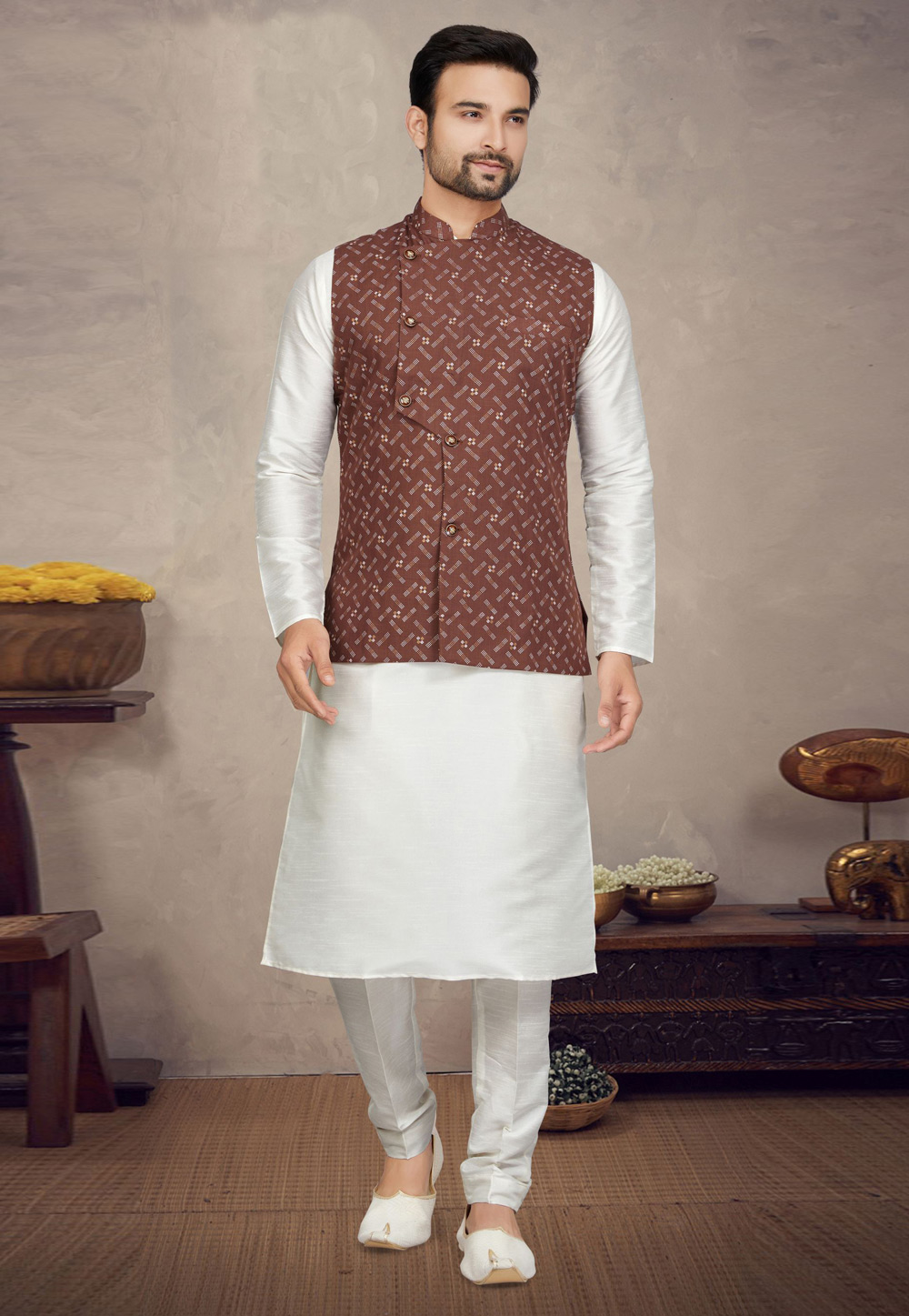 Off White Art Silk Kurta Pajama With Jacket 272191