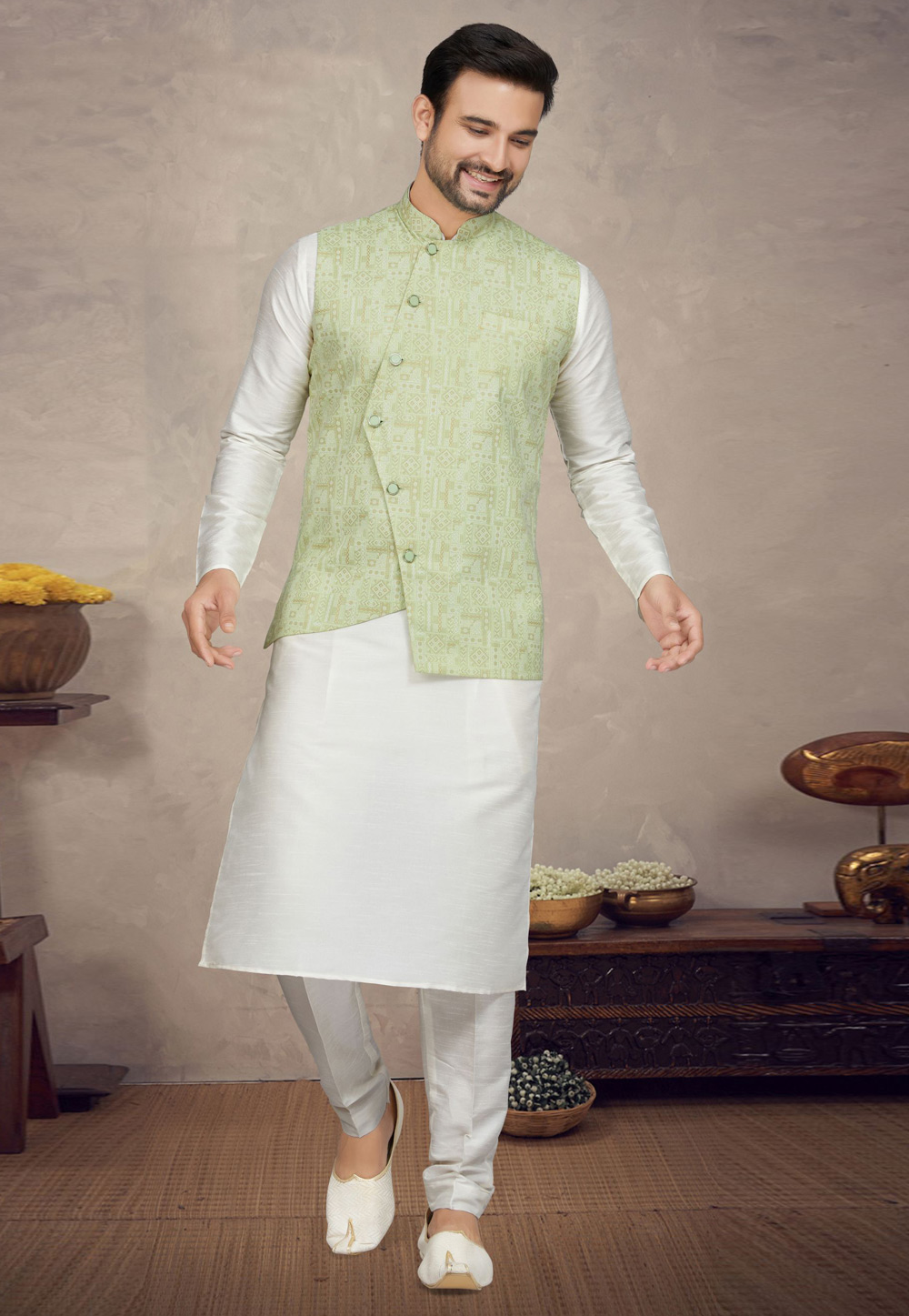 Off White Art Silk Kurta Pajama With Jacket 272192