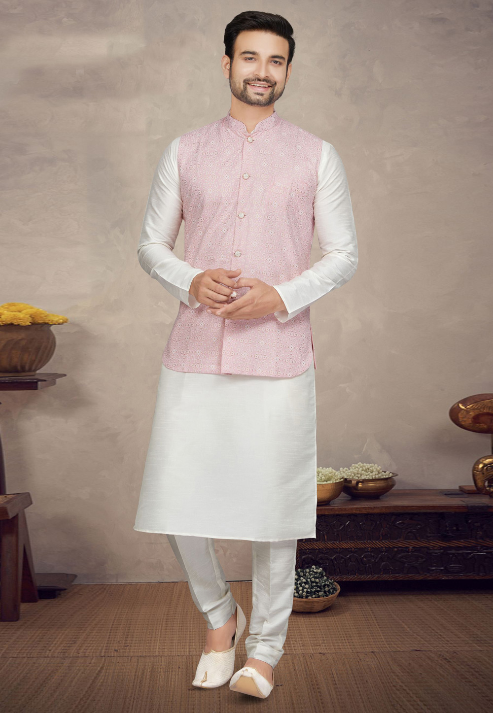 Off White Art Silk Kurta Pajama With Jacket 272193
