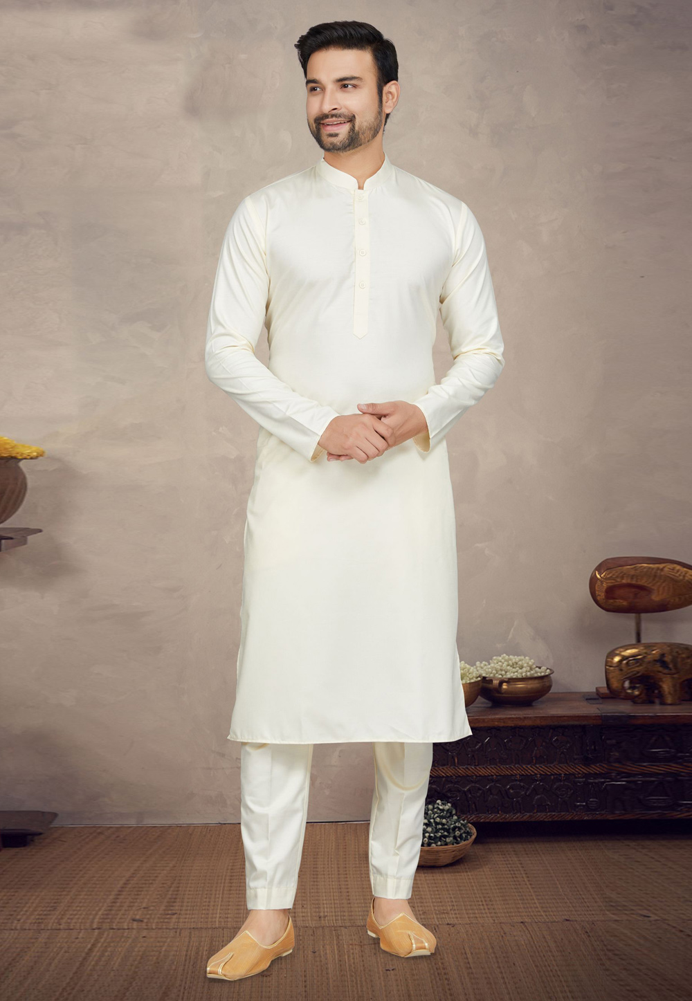 Off White Cotton Kurta Pajama 272147
