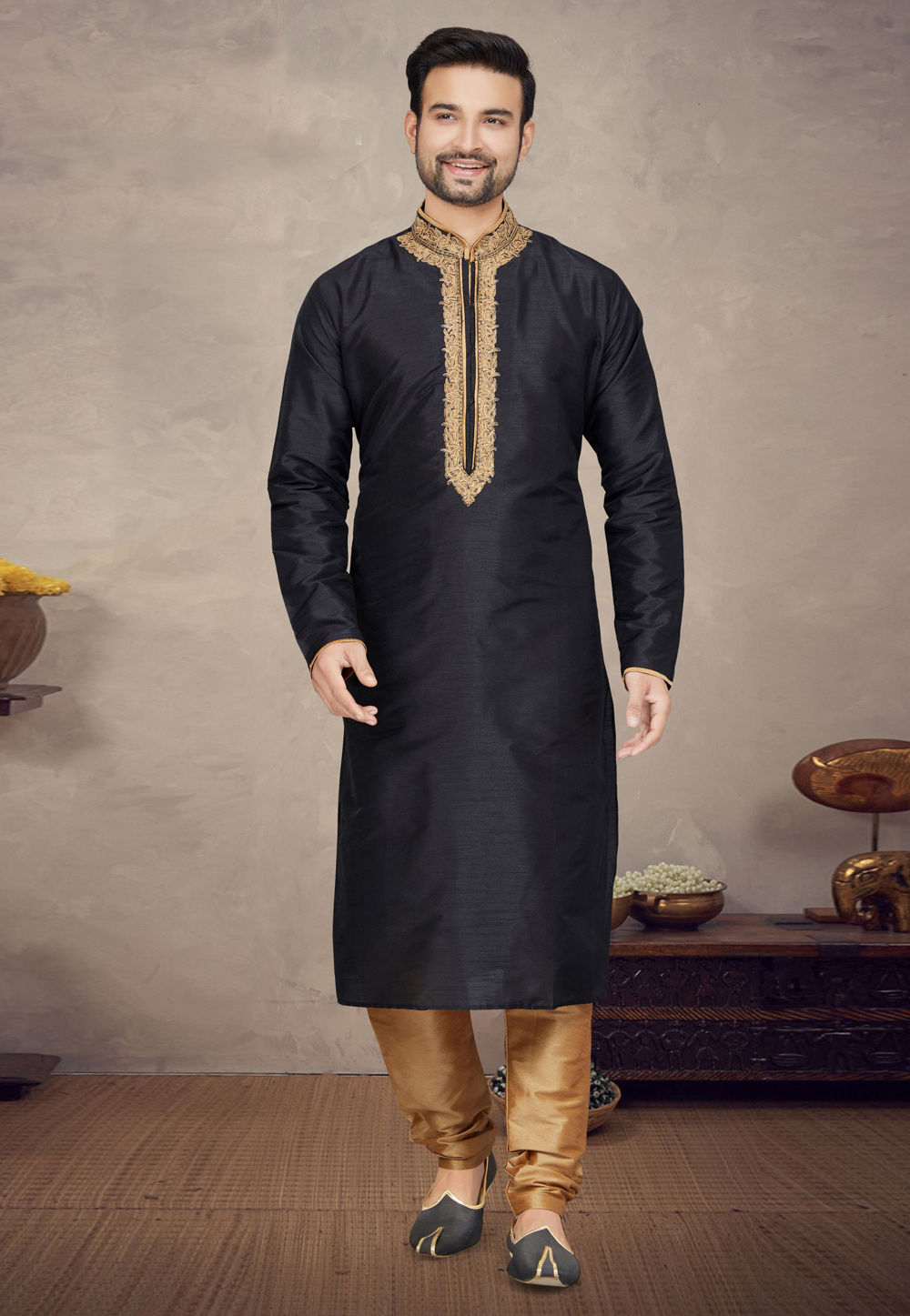 Black Art Silk Kurta Pajama 272150