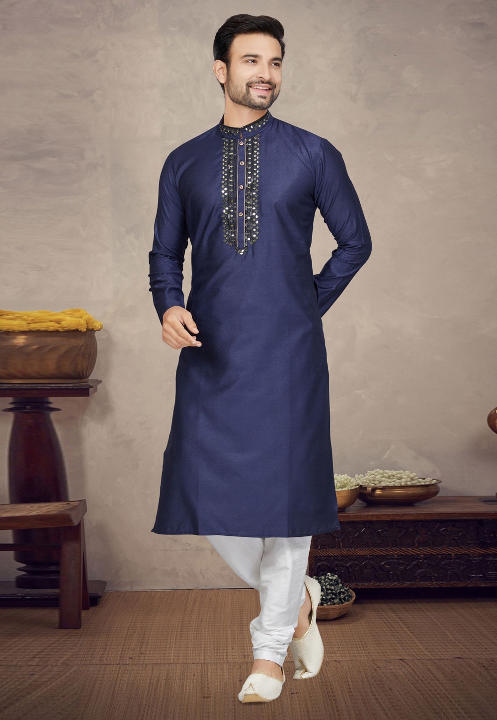 Navy Blue Jacquard Kurta Pajama 272153
