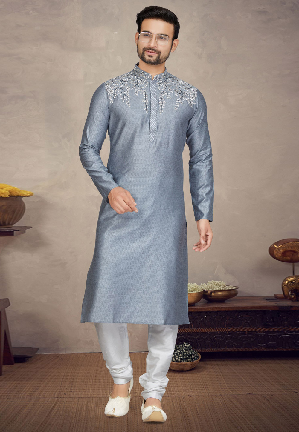 Grey Jacquard Kurta Pajama 272154