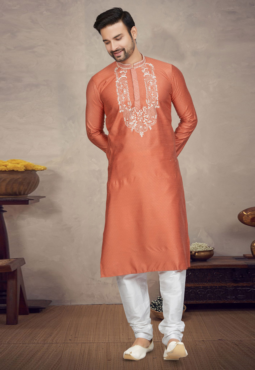 Rust Jacquard Kurta Pajama 272155
