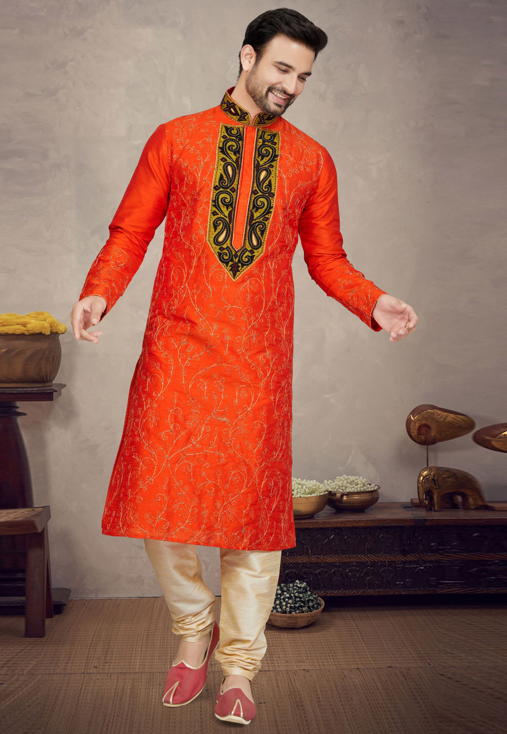 Orange Art Silk Kurta Pajama 272158