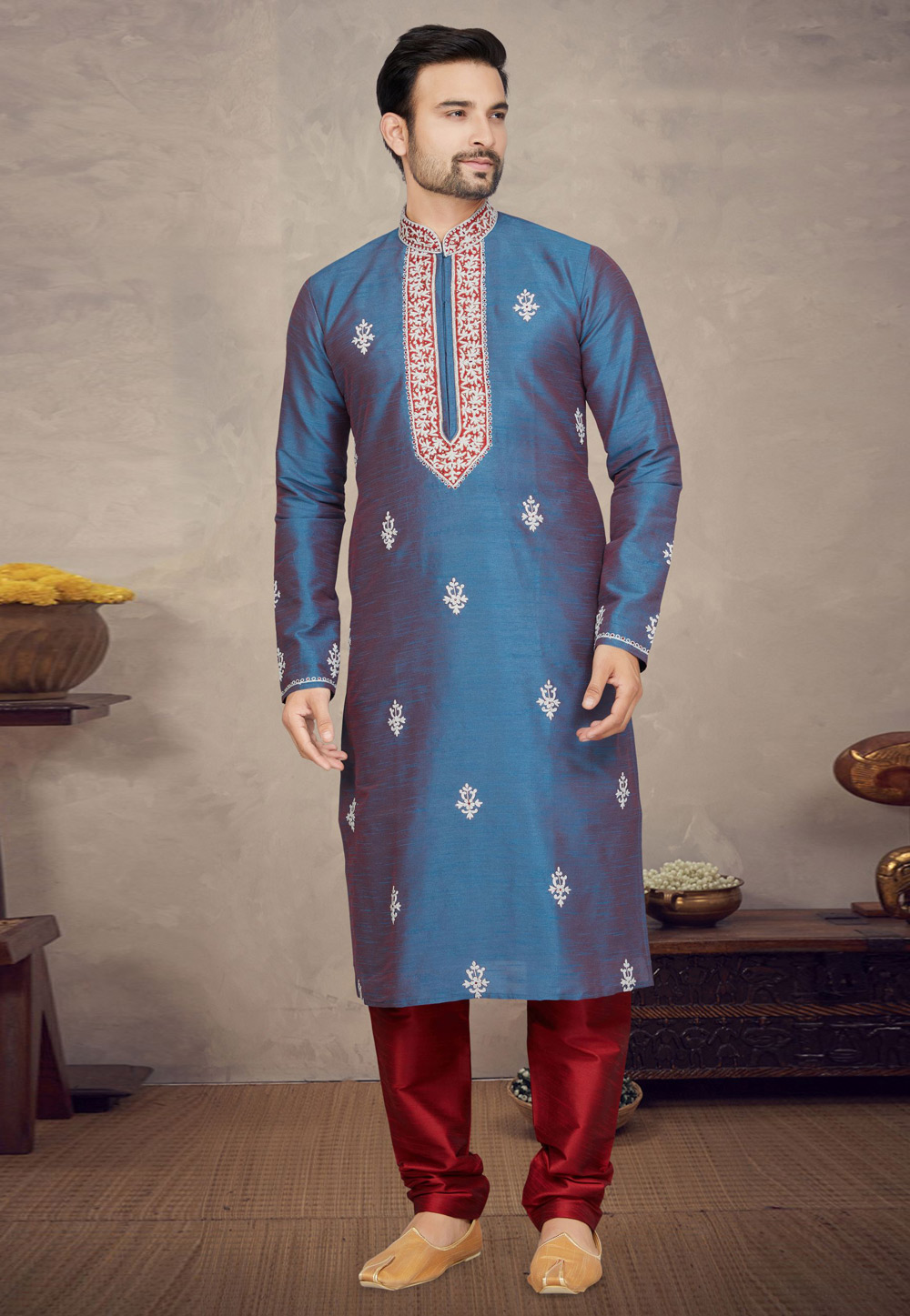 Teal Art Silk Kurta Pajama 272161