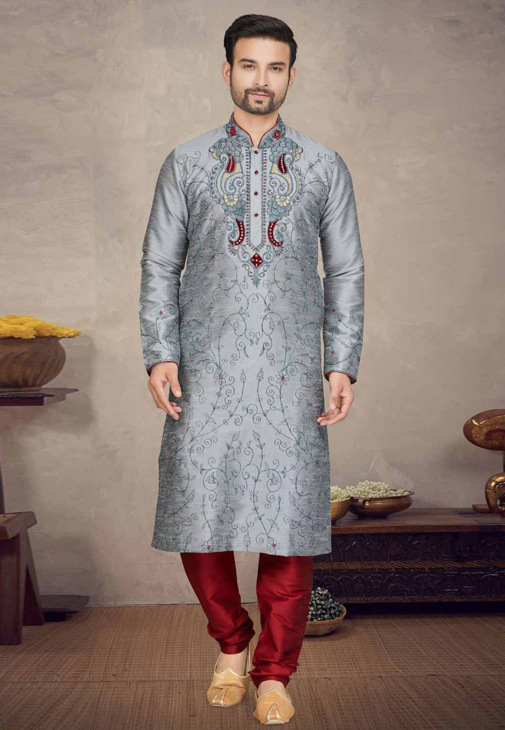 Grey Art Silk Kurta Pajama 272164