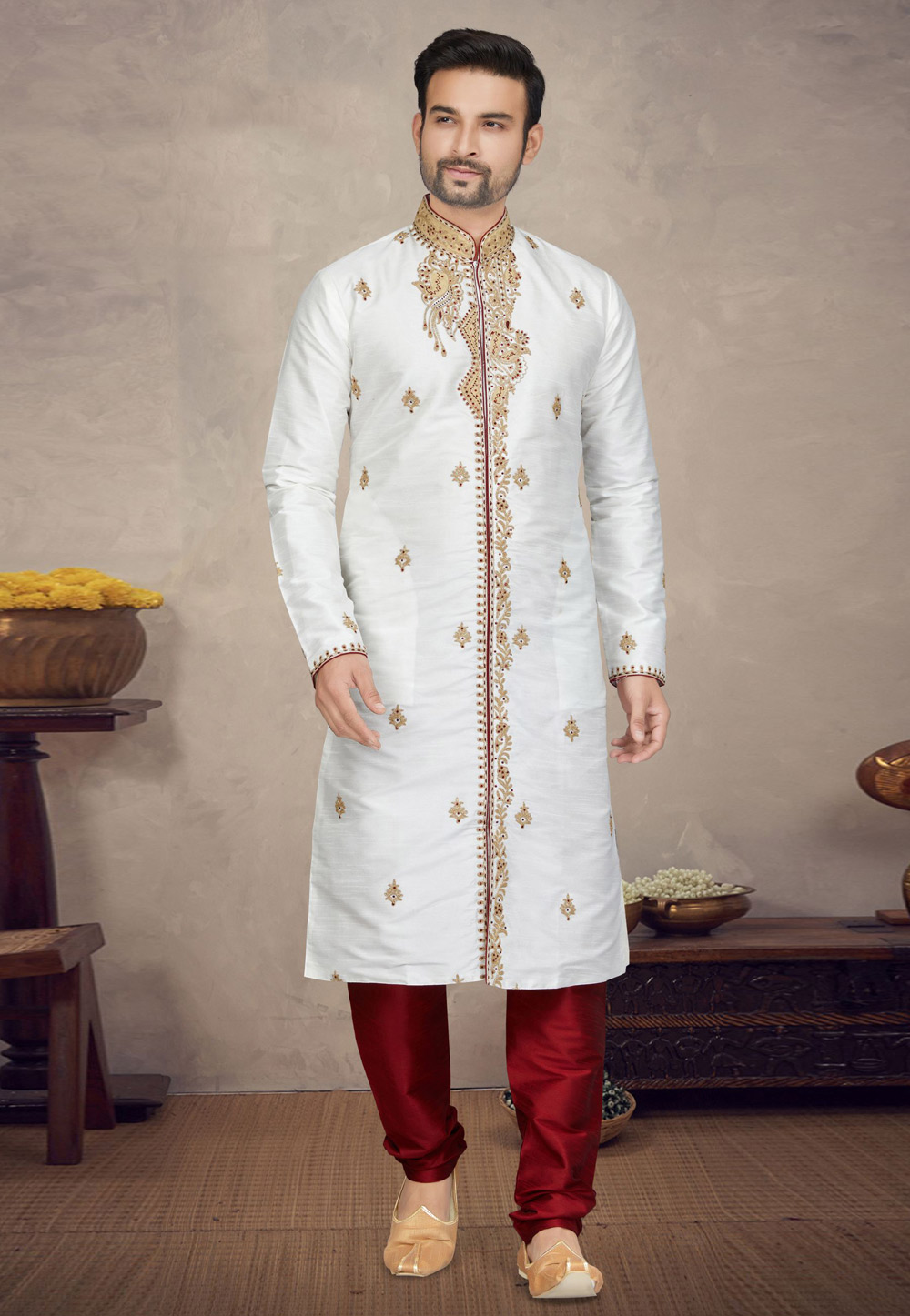 Off White Art Silk Kurta Pajama 272166