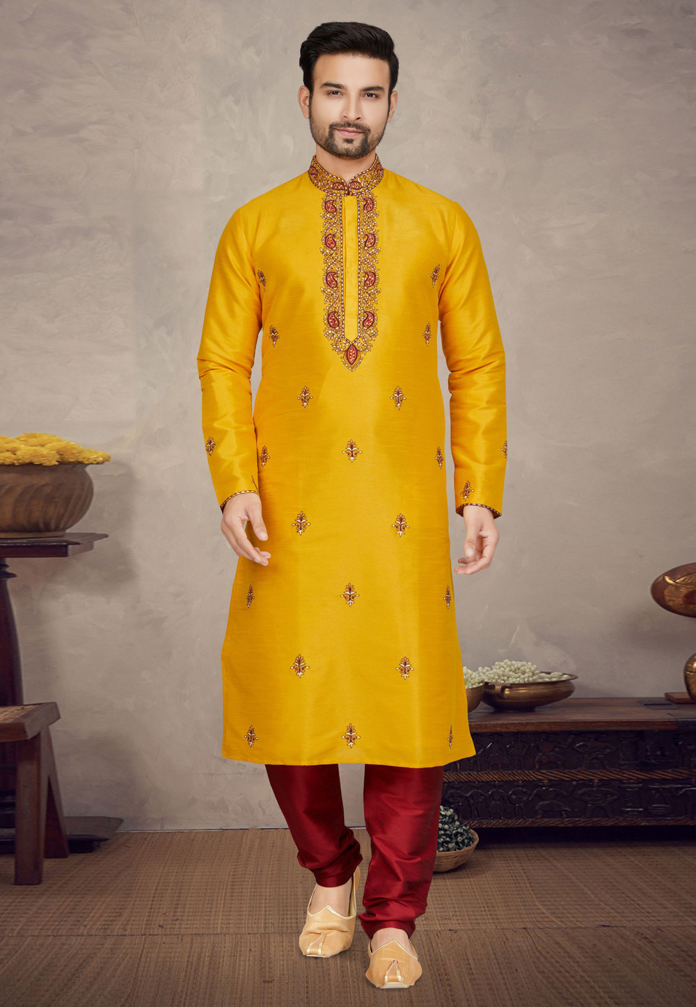 Mustard Art Silk Kurta Pajama 272168