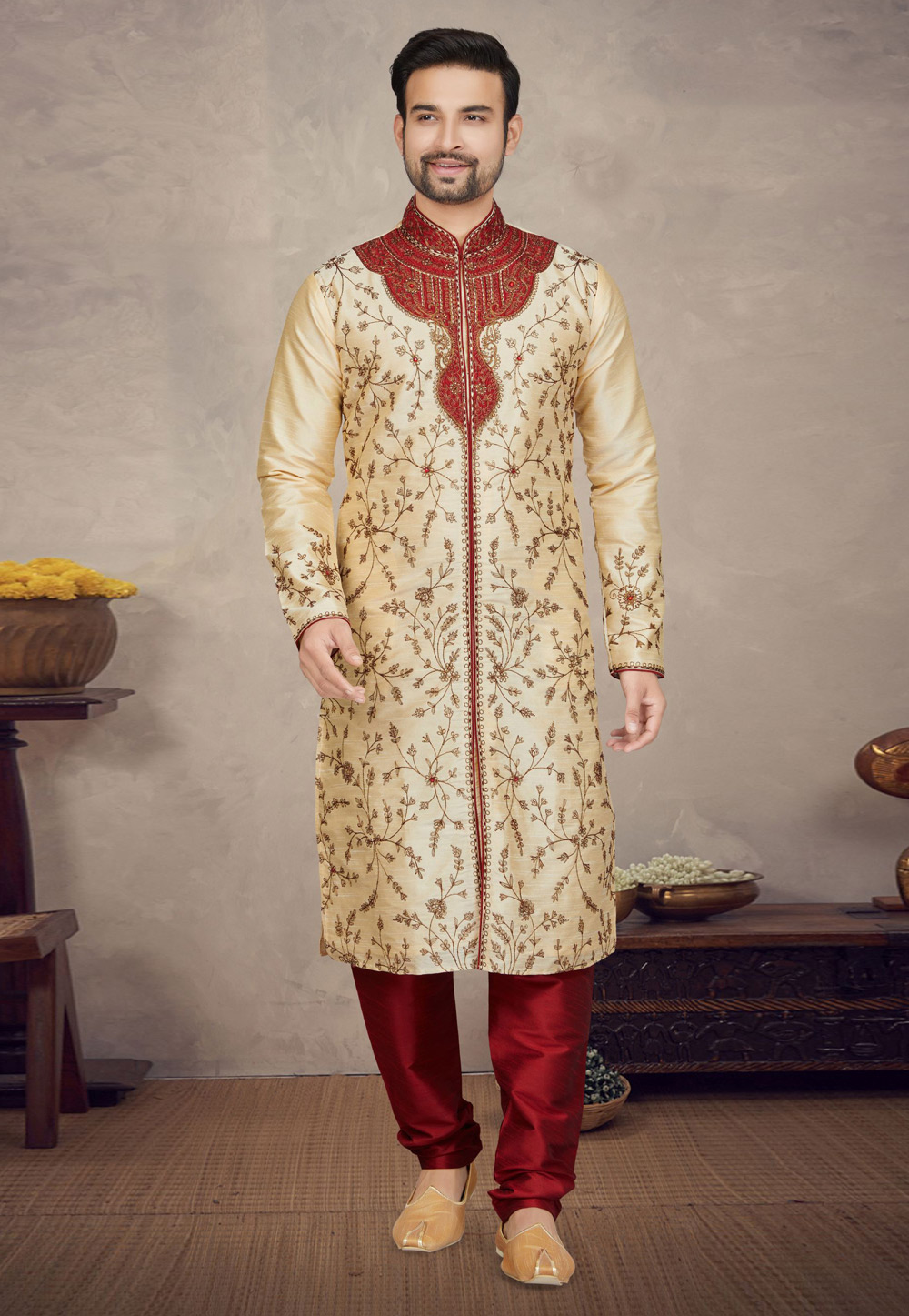Cream Art Silk Kurta Pajama 272169