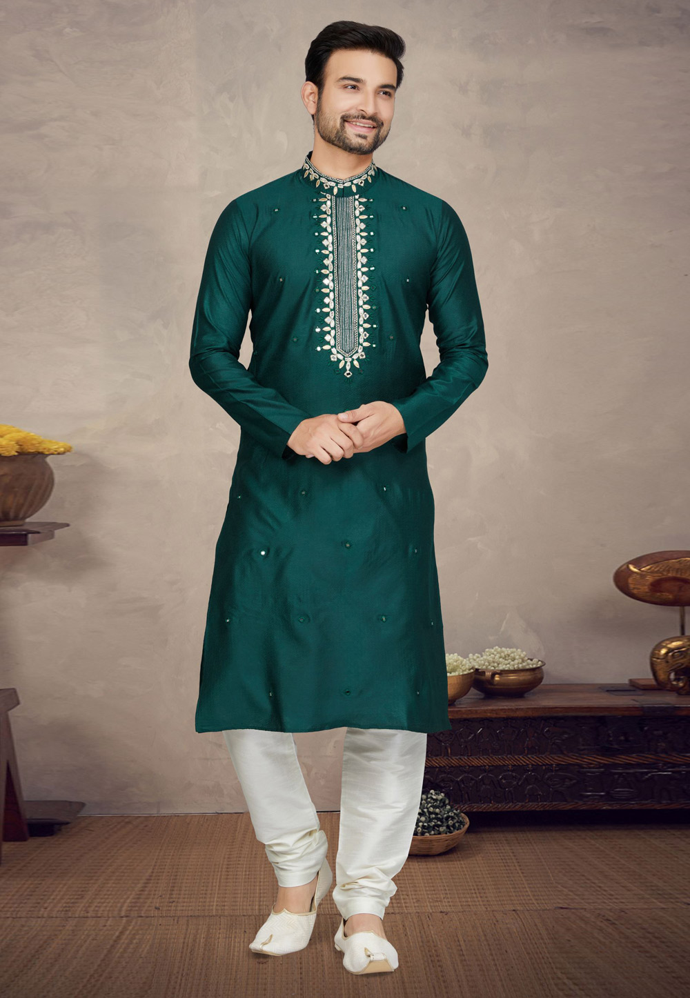 Green Jacquard Kurta Pajama 272171