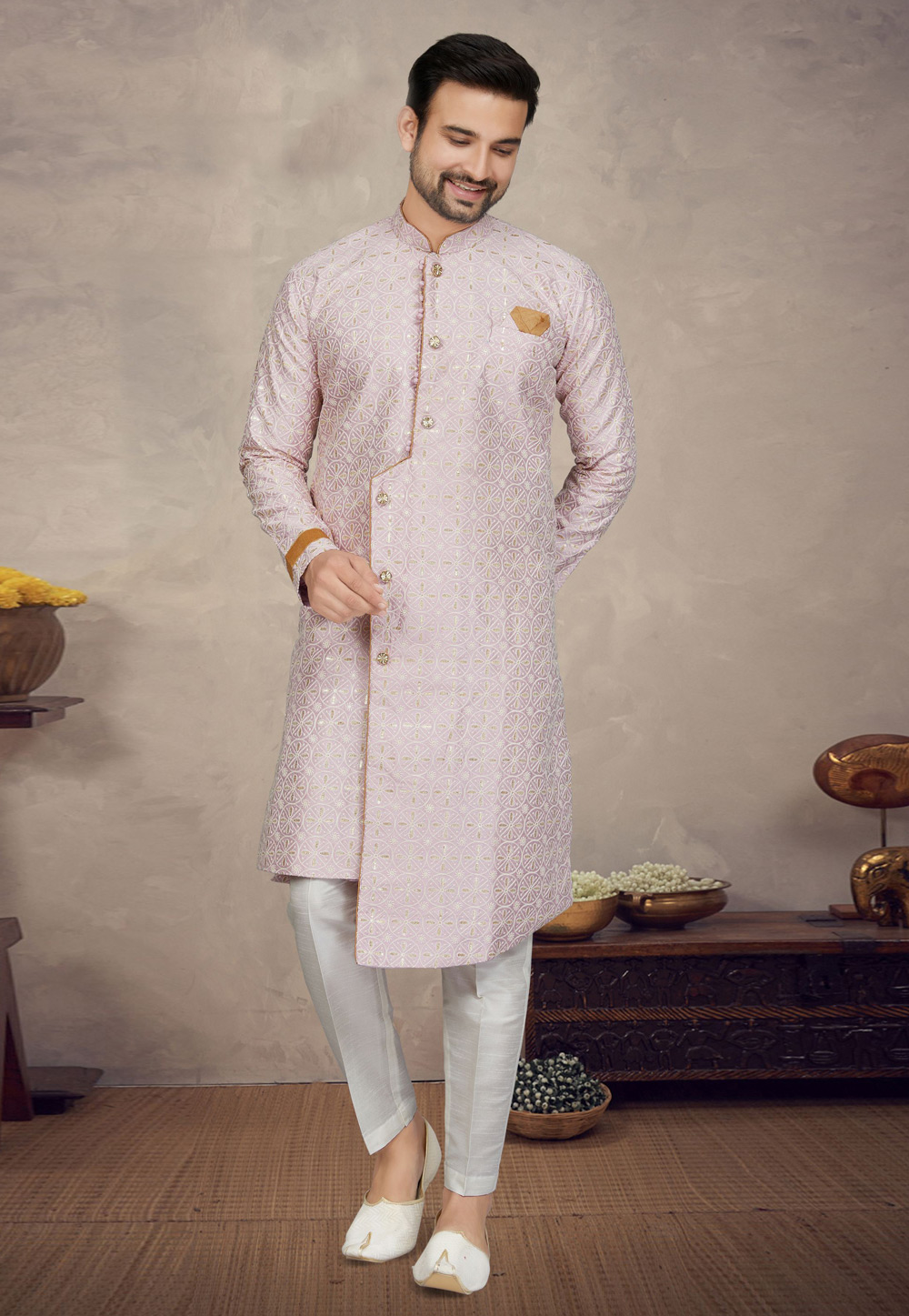 Light Pink Art Silk Indo Western Sherwani 272826