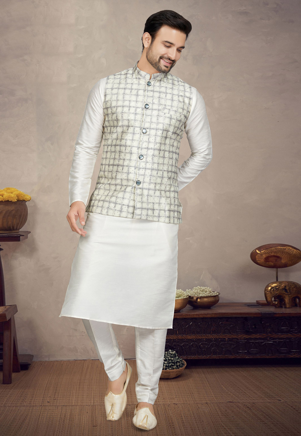 Off White Art Silk Kurta Pajama With Jacket 272835