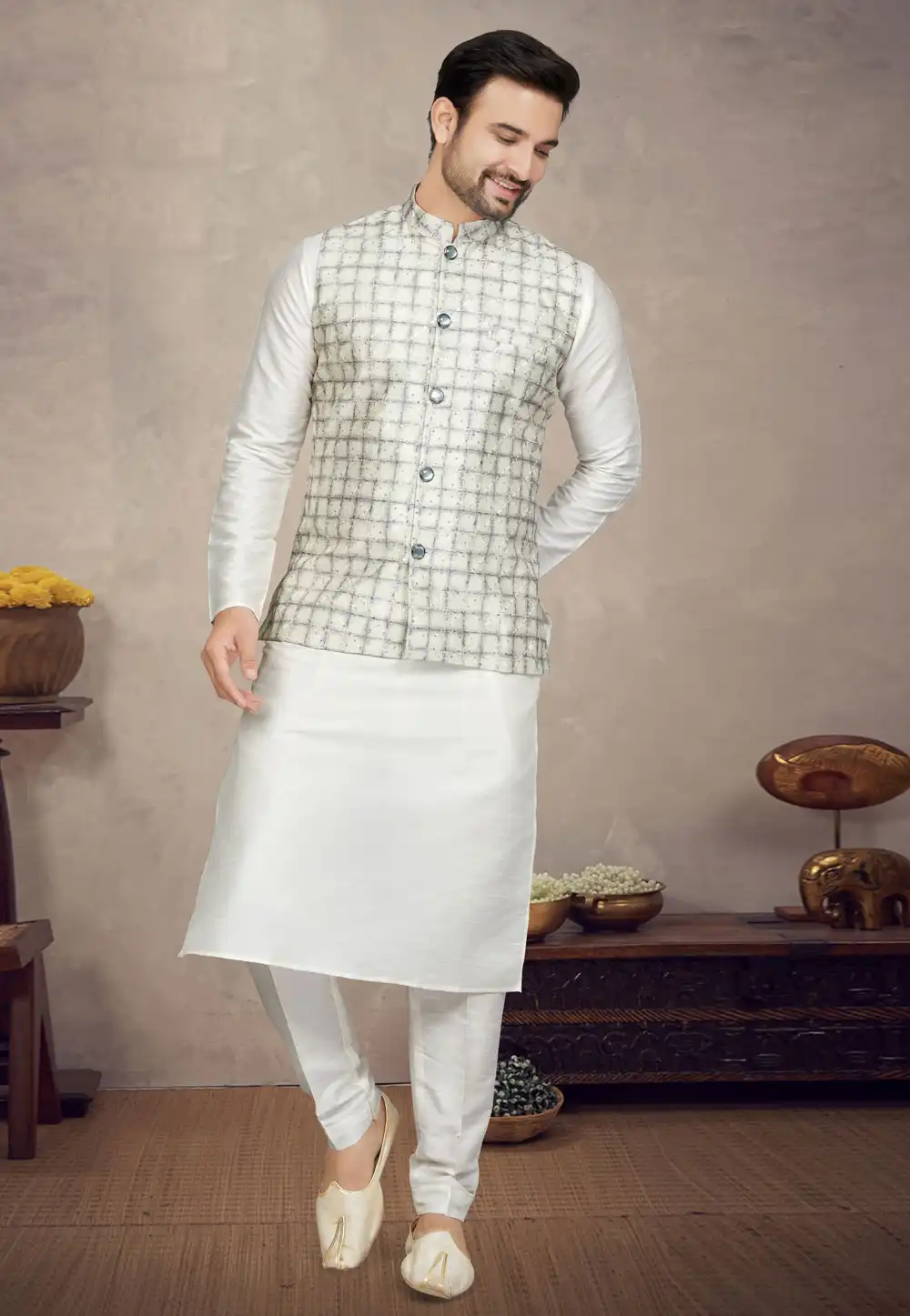 Off White Art Silk Kurta Pajama With Jacket 272835