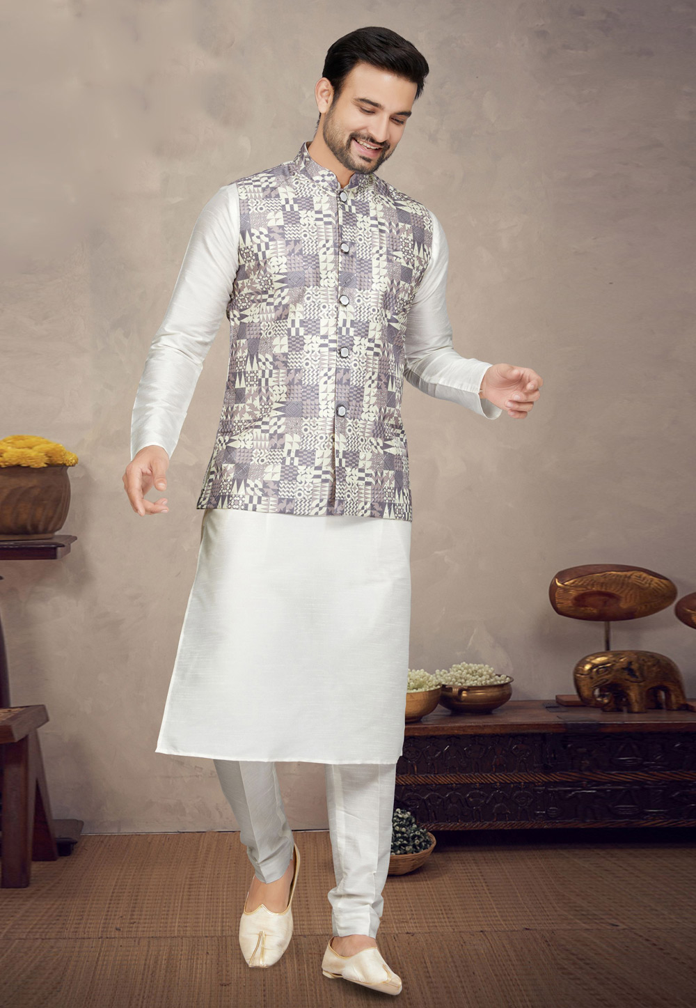 Off White Art Silk Kurta Pajama With Jacket 272837