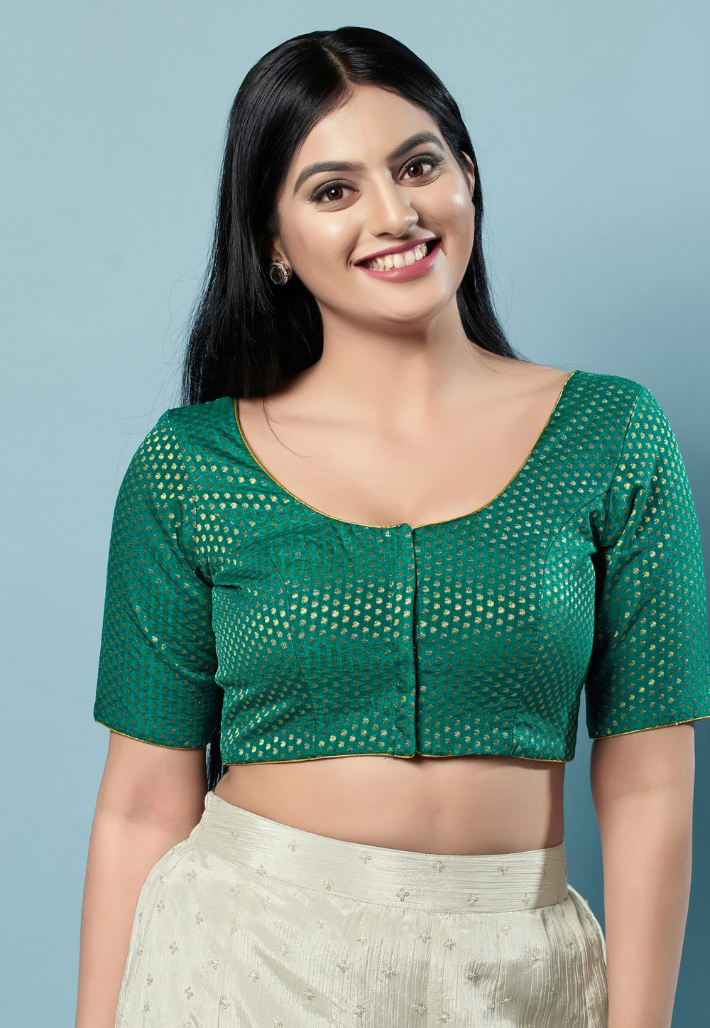 Teal Brocade Readymade Blouse 273431
