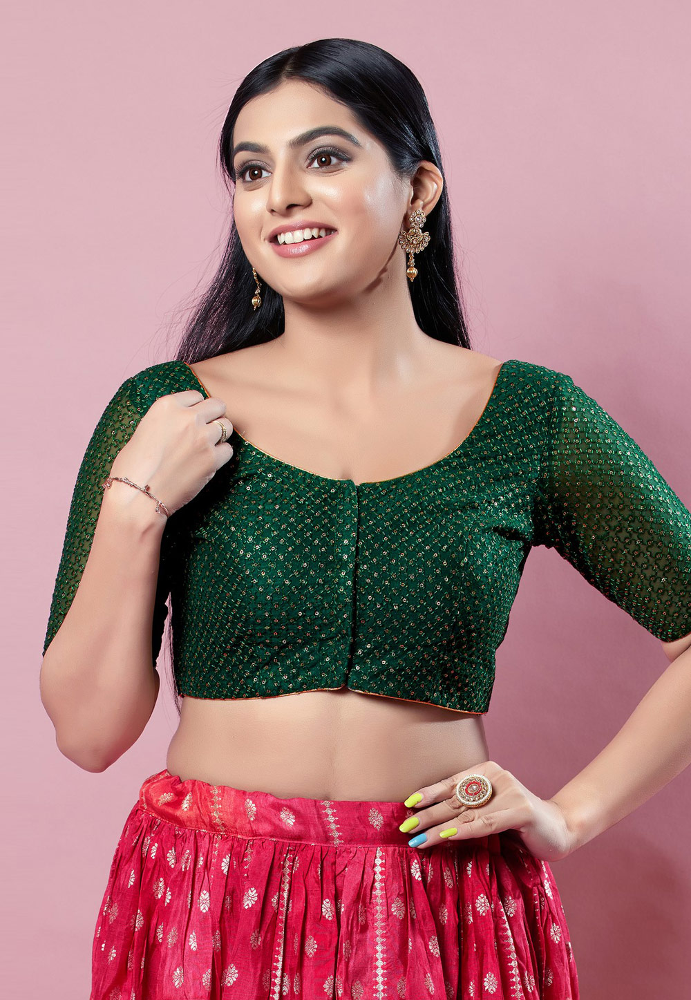 Green Net Readymade Blouse 273424