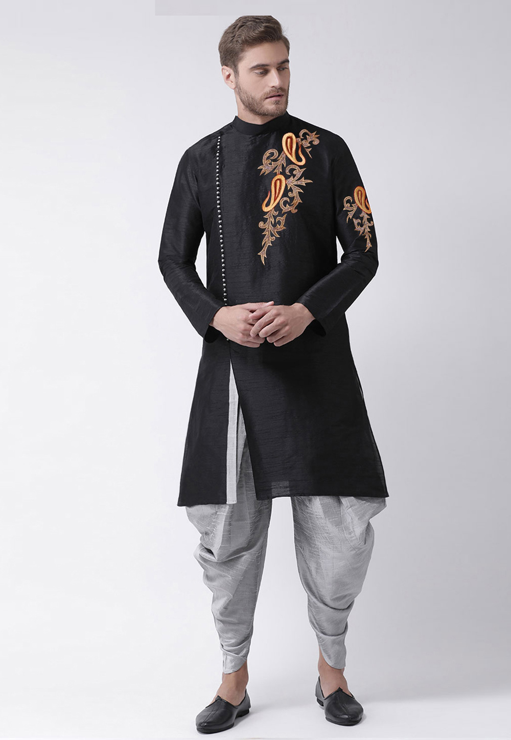 Black Dupion Silk Dhoti Kurta 236181