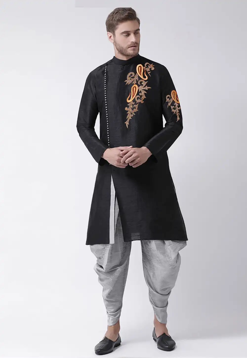 Black Dupion Silk Dhoti Kurta 236181