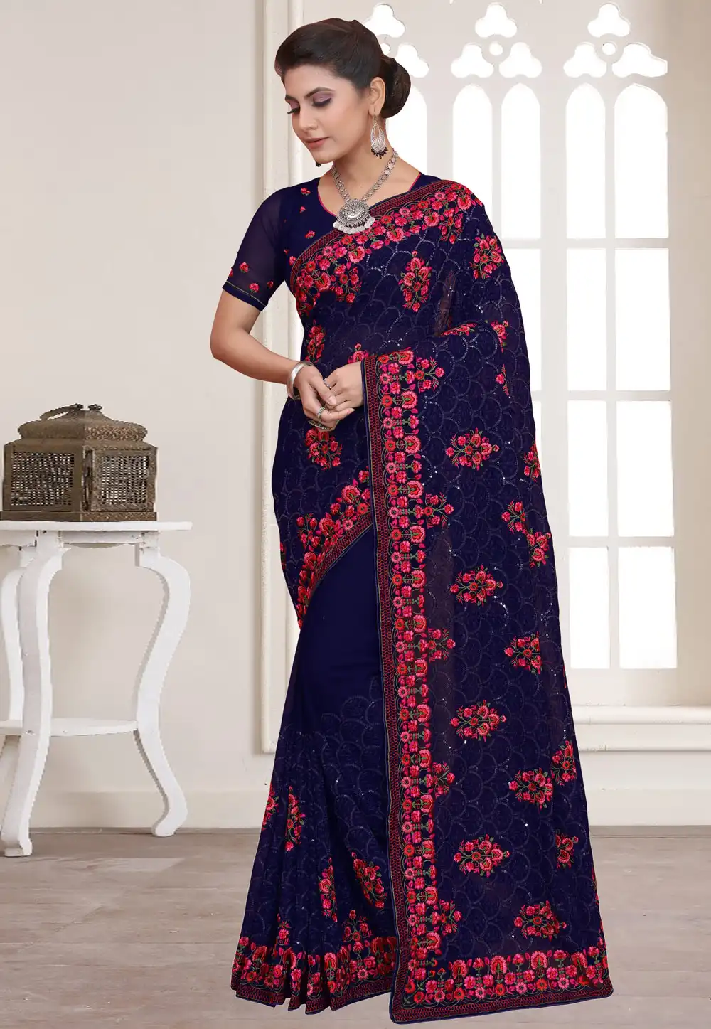 Navy Blue Georgette Saree With Blouse 258367