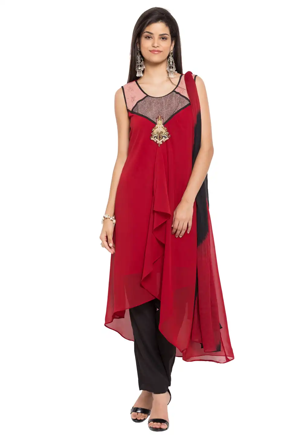 Maroon Faux Georgette Readymade Pant Style Suit 230444