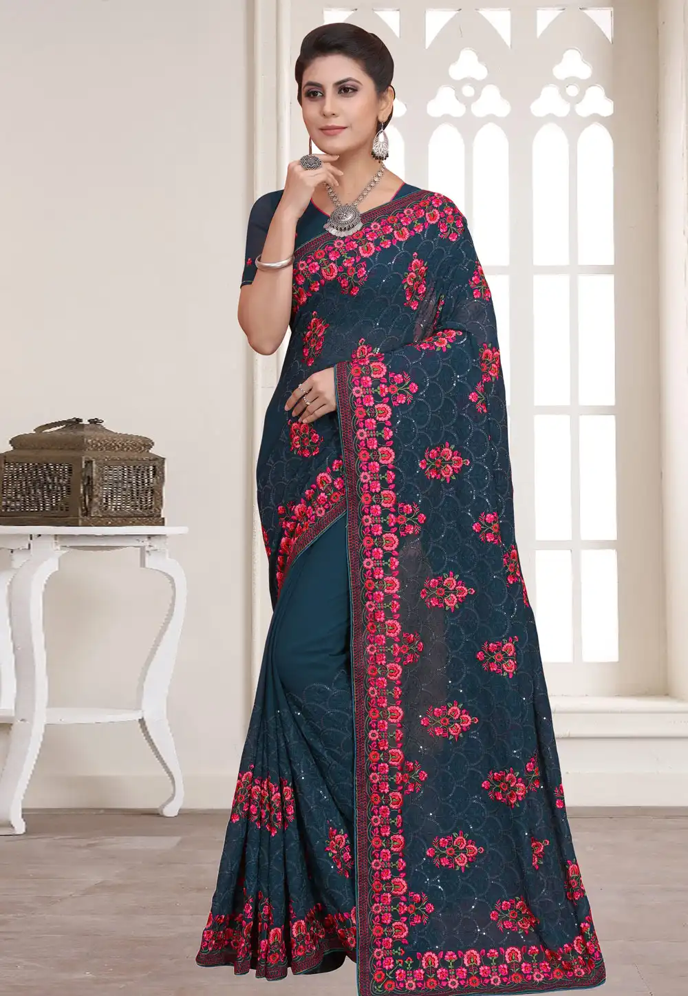 Teal Georgette Saree With Blouse 258369