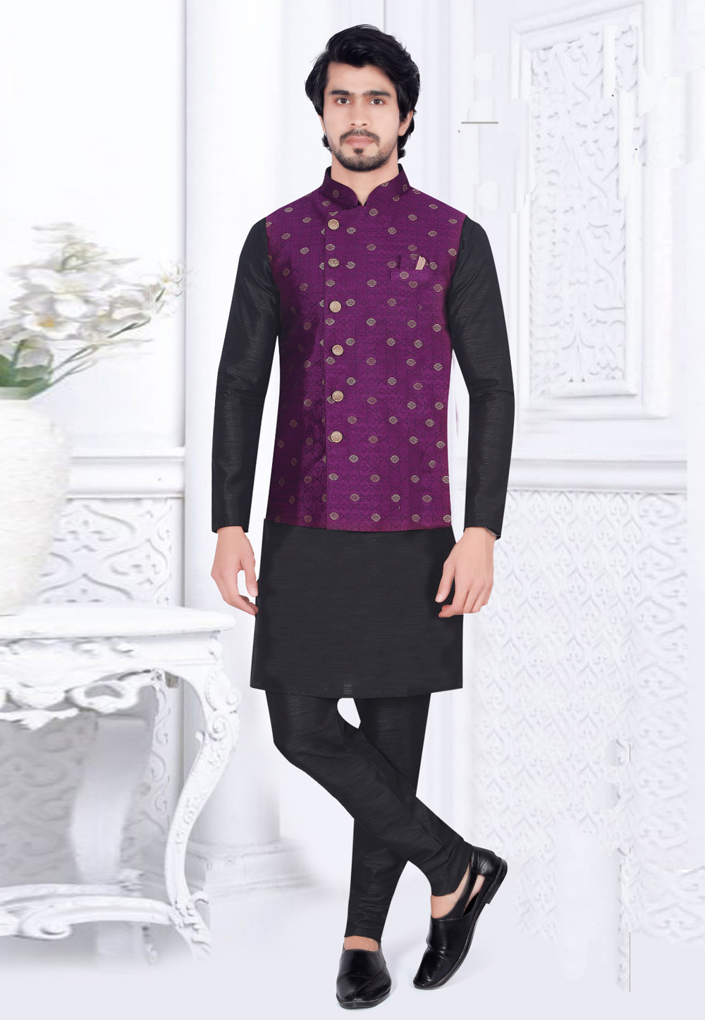 Jute Fabric Cream Vest Coat with Kurta Pajama in Black D NO MU-140