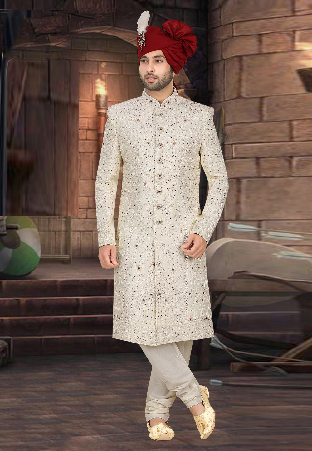 Off White Banarasi Jacquard Achkan Style Sherwani 274573