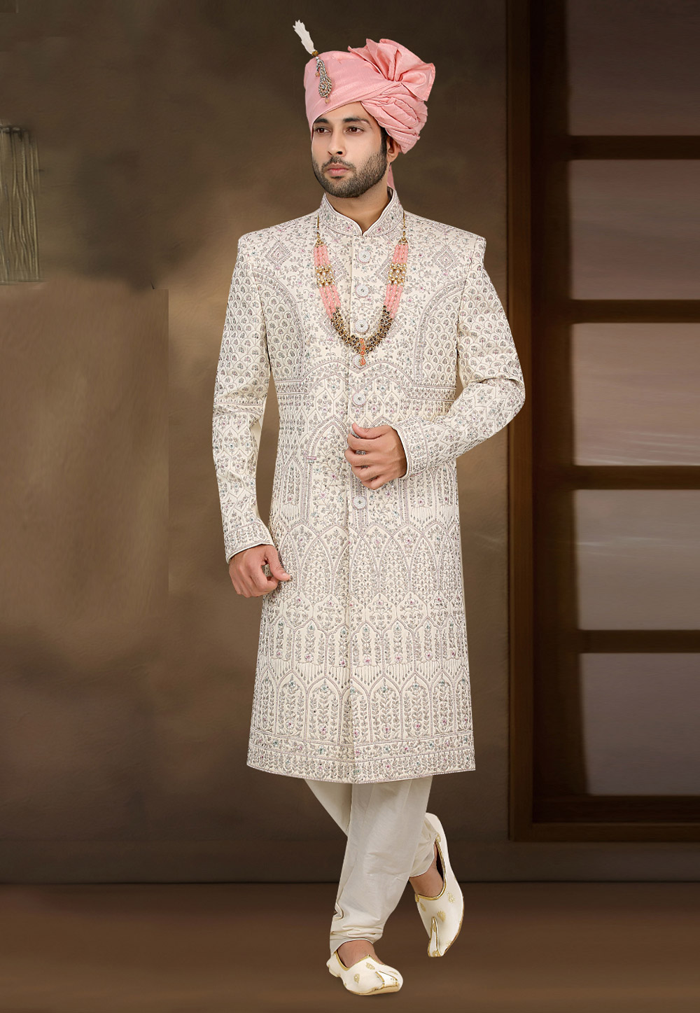 Off White Banarasi Jacquard Achkan Style Sherwani 274577